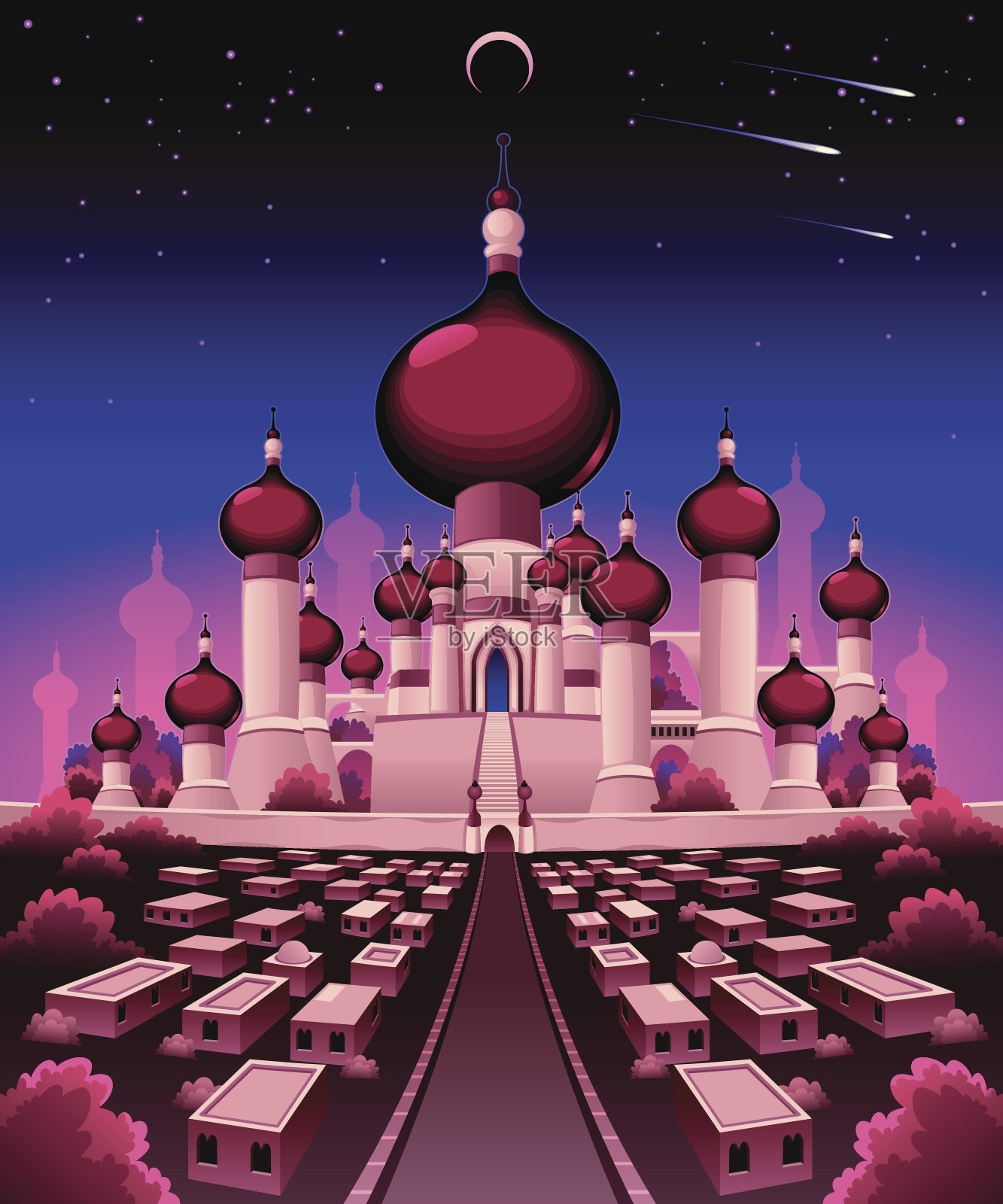 夜里的阿拉伯城堡插画图片素材