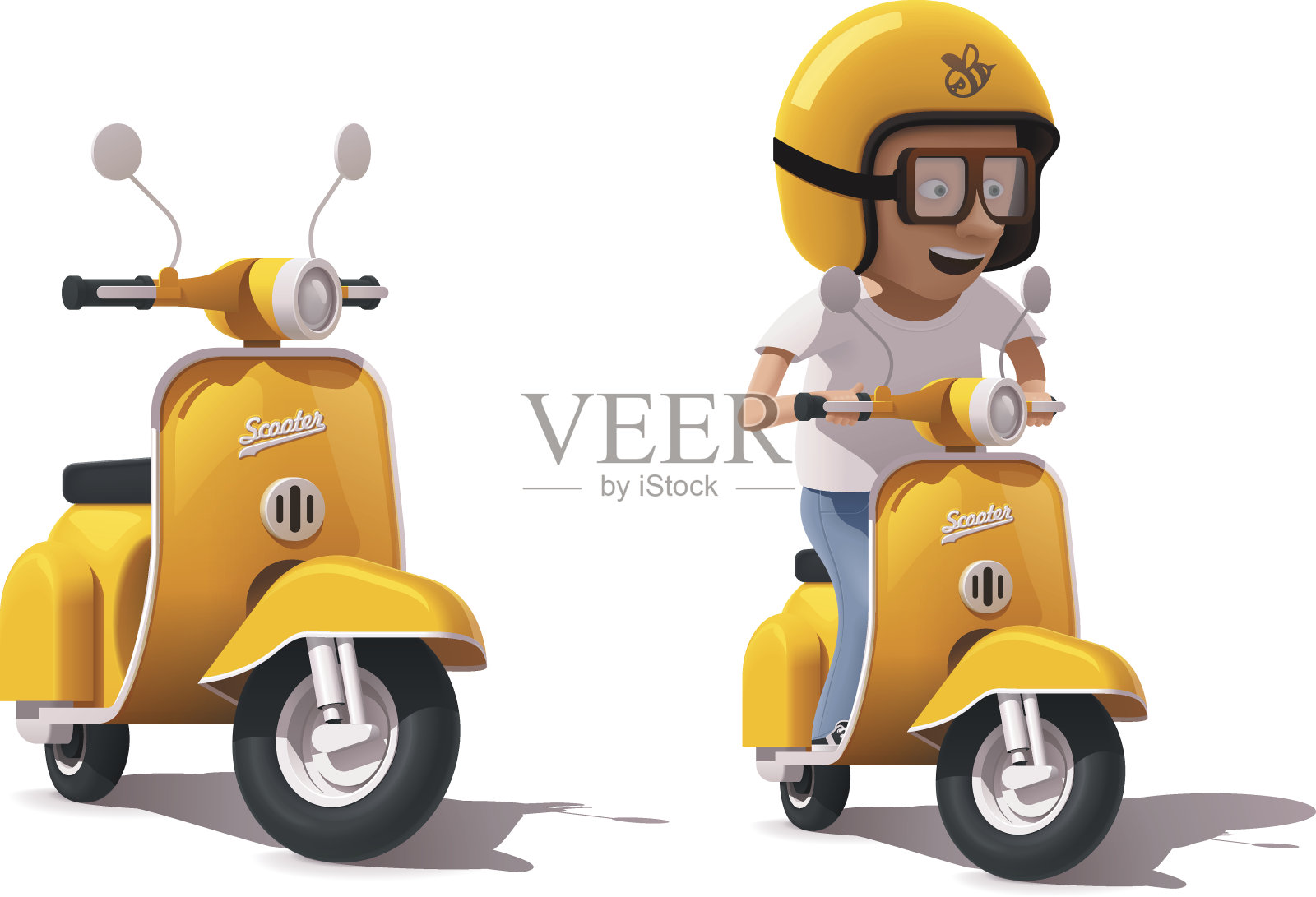 矢量现实复古黄色摩托车和摩托车司机的图标设计元素图片