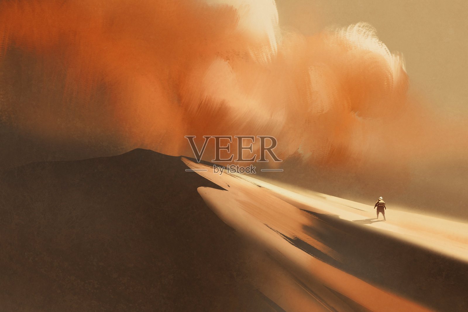 沙漠沙尘暴和徒步旅行的人插画图片素材