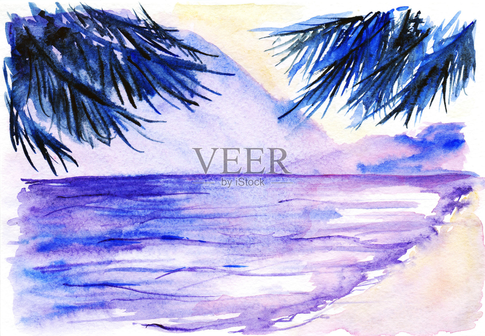 水彩紫罗兰海洋海滩日落棕榈树景观插画图片素材