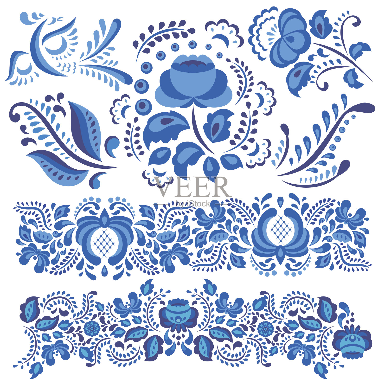 矢量插图与gzhel花卉图案在传统的俄罗斯风格孤立在白色和华丽的花和叶在蓝色和白色插画图片素材