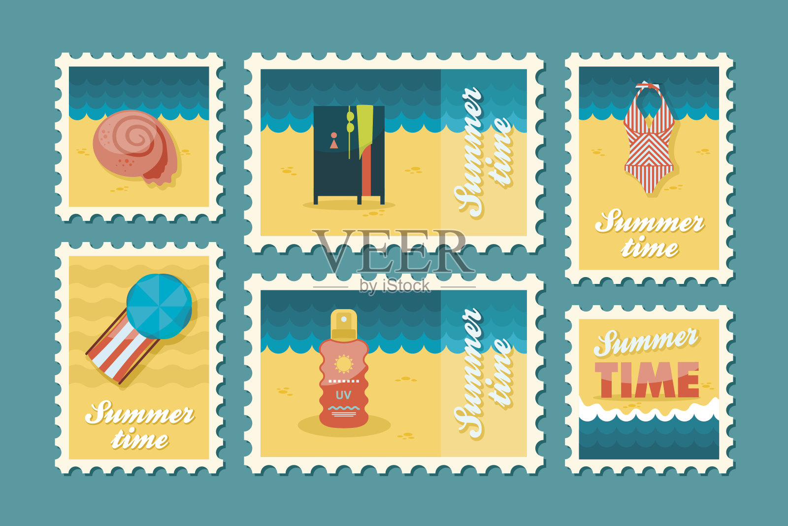 海滩邮票集。夏天。假期插画图片素材