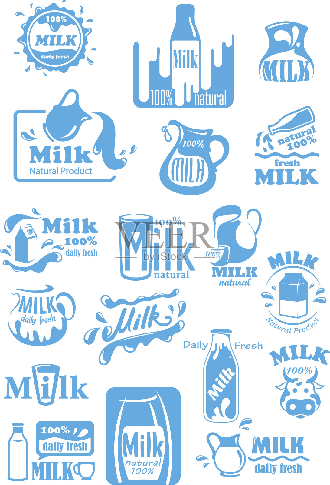 牛奶蓝色的标签和带有飞溅的图标插画图片素材