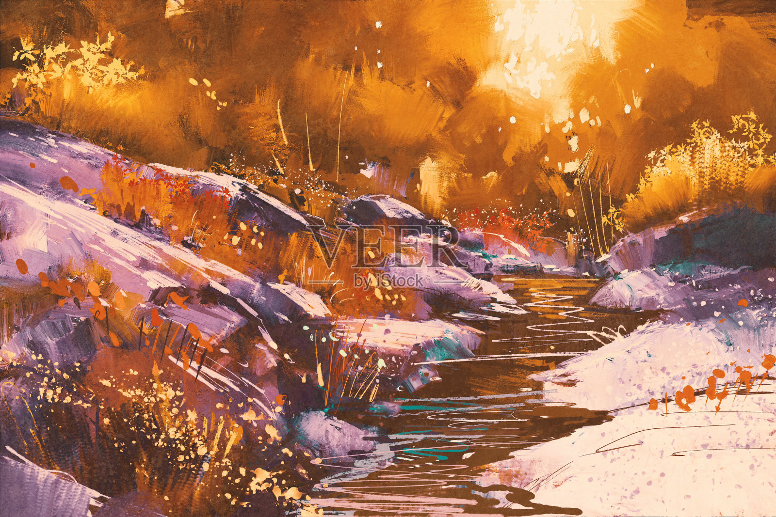 秋天的森林里，河流被石头描成线条插画图片素材
