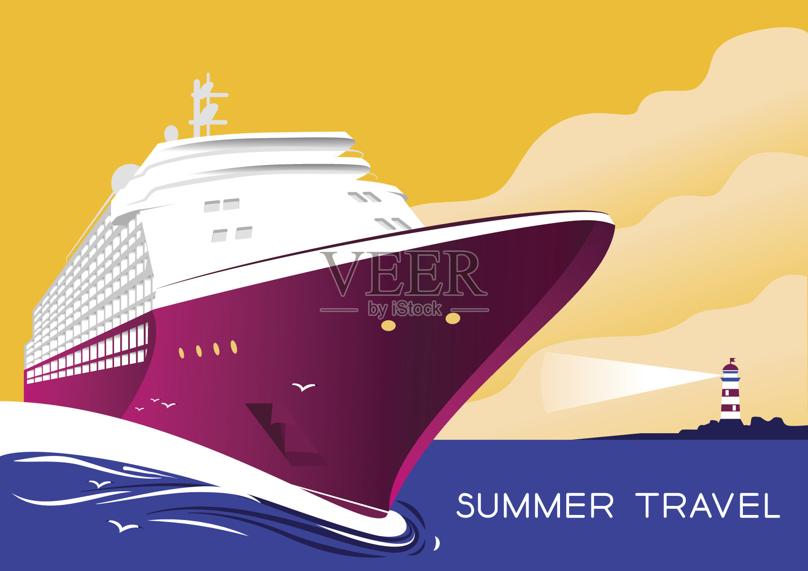 夏季旅游游轮。复古艺术装饰海报插图。插画图片素材
