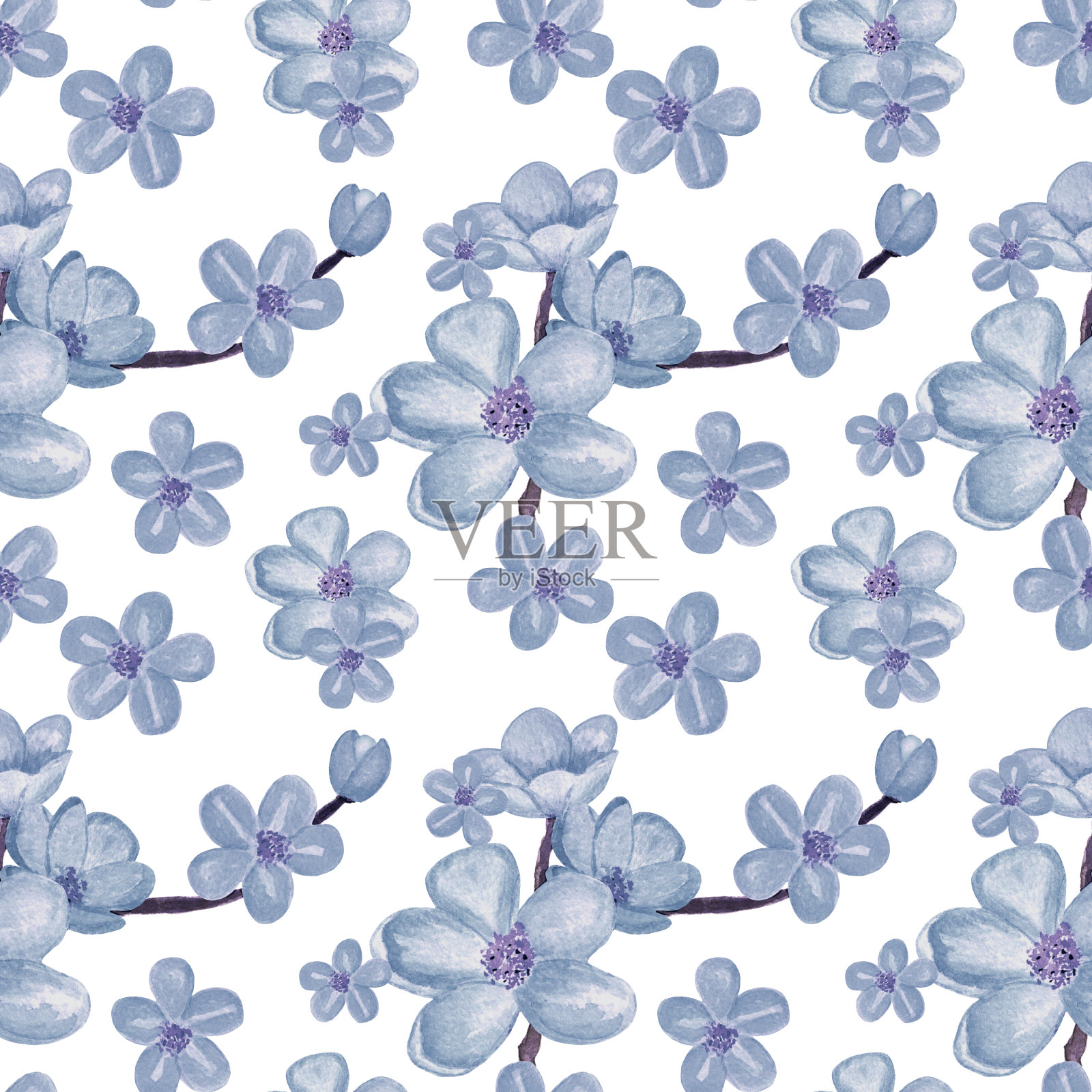 水彩无缝图案有蓝色樱花、樱桃树插画图片素材