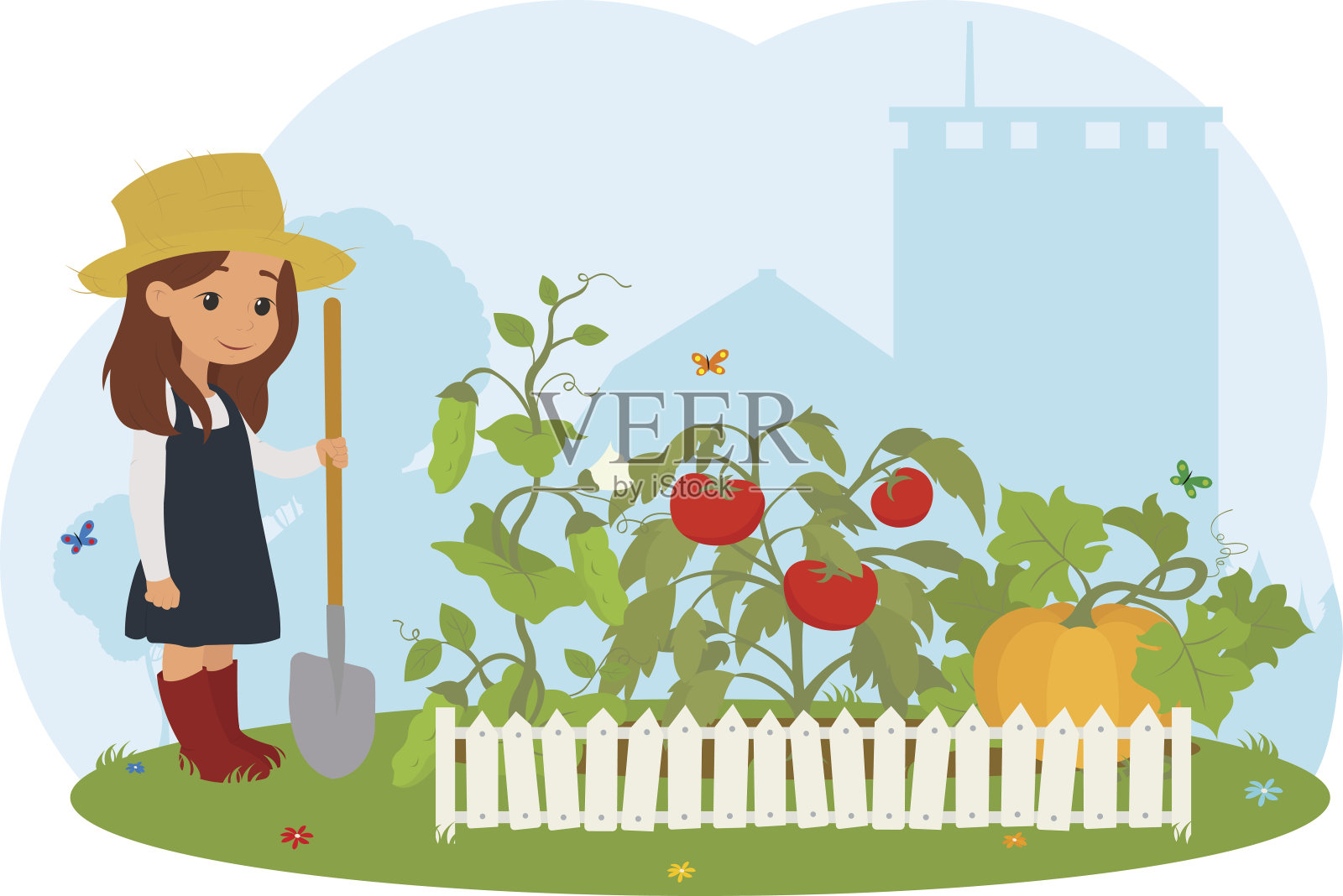 女孩在农场照顾蔬菜。插画图片素材