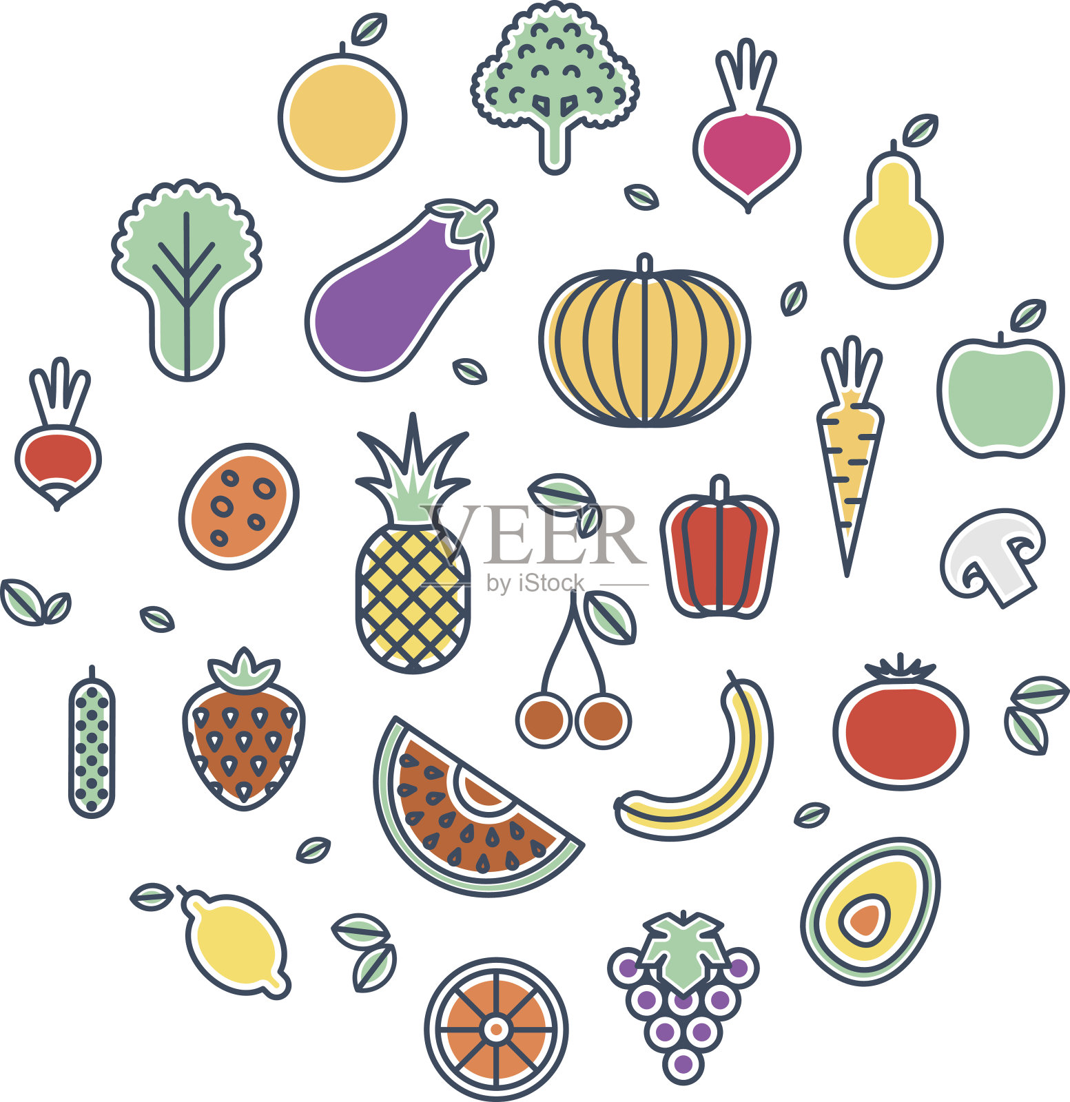 蔬菜和水果的细线图标设计元素图片