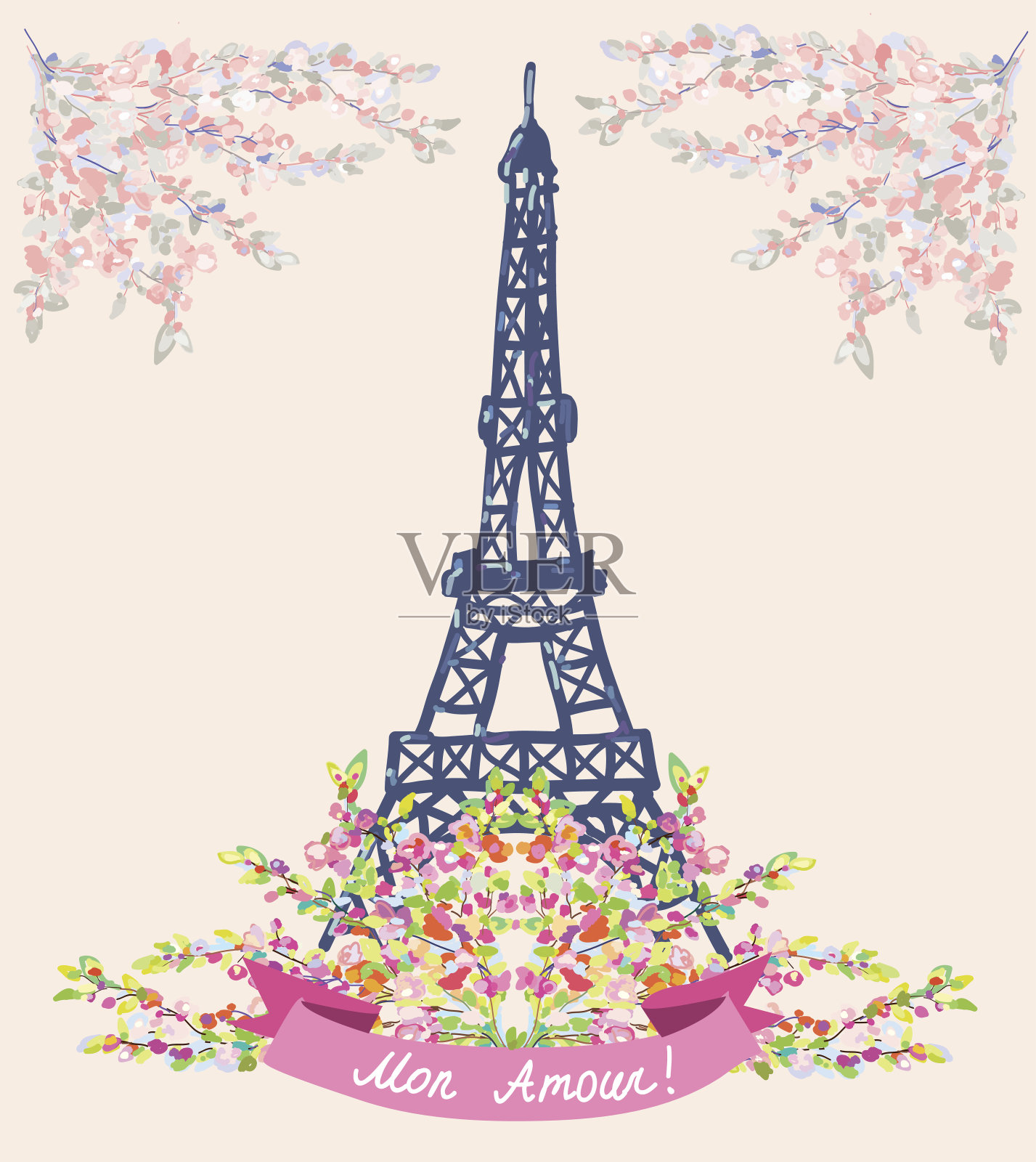 爱在巴黎漂亮的卡片-复古的花卉设计插画图片素材