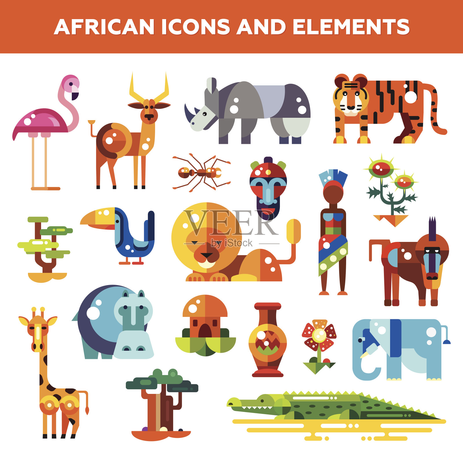 一套平面设计非洲图标和信息图表元素图标素材