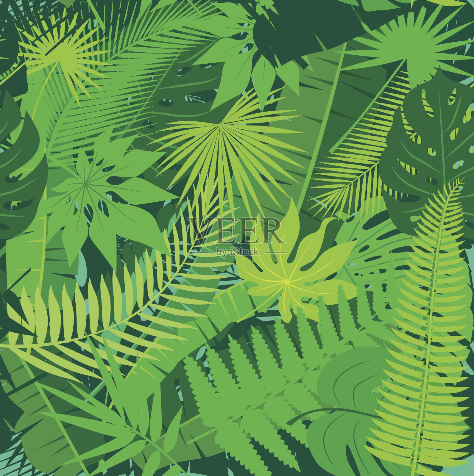 美丽无缝的热带丛林花卉图案背景与不同的棕榈树插画图片素材