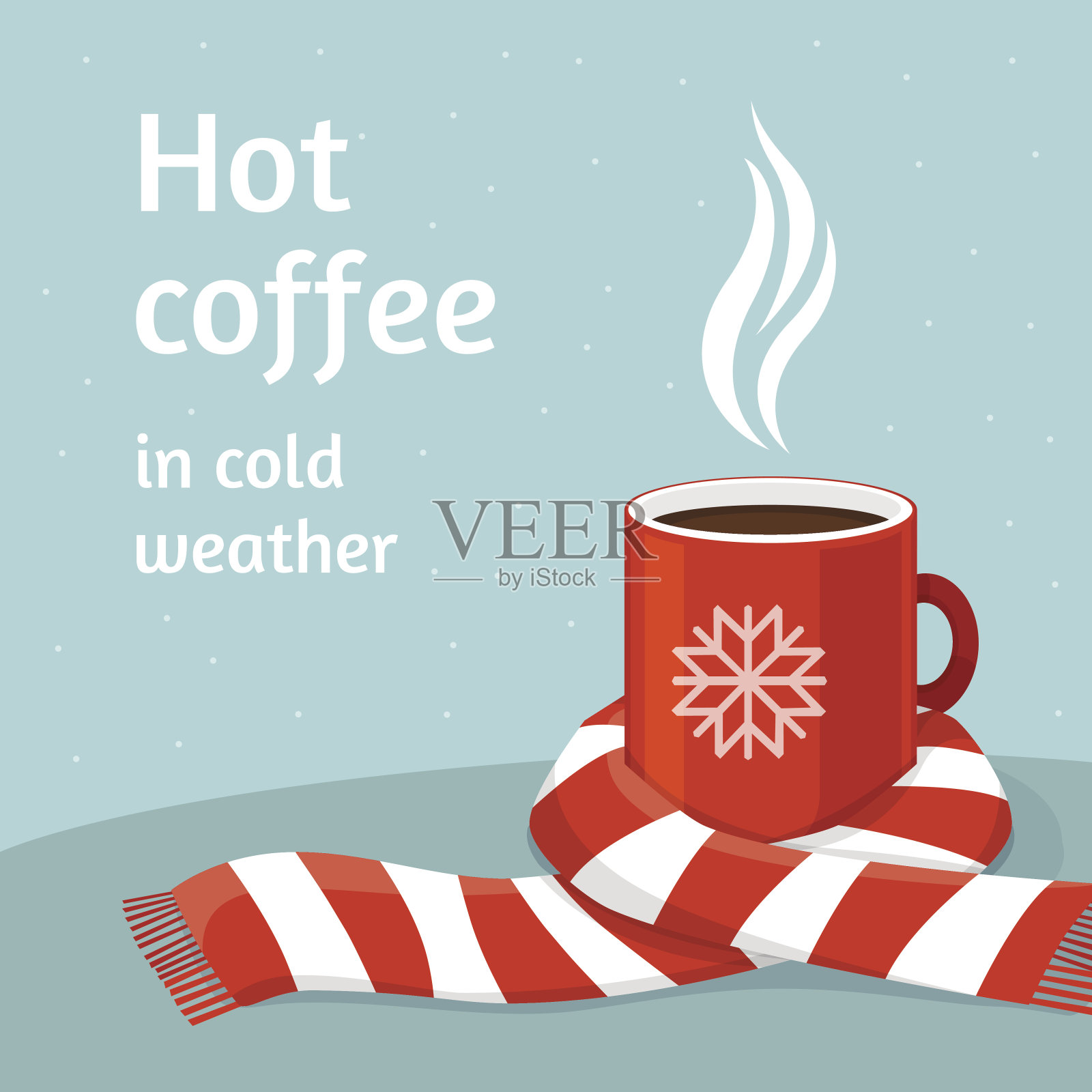 红色杯子里的热咖啡。一杯用围巾裹着的咖啡。插画图片素材