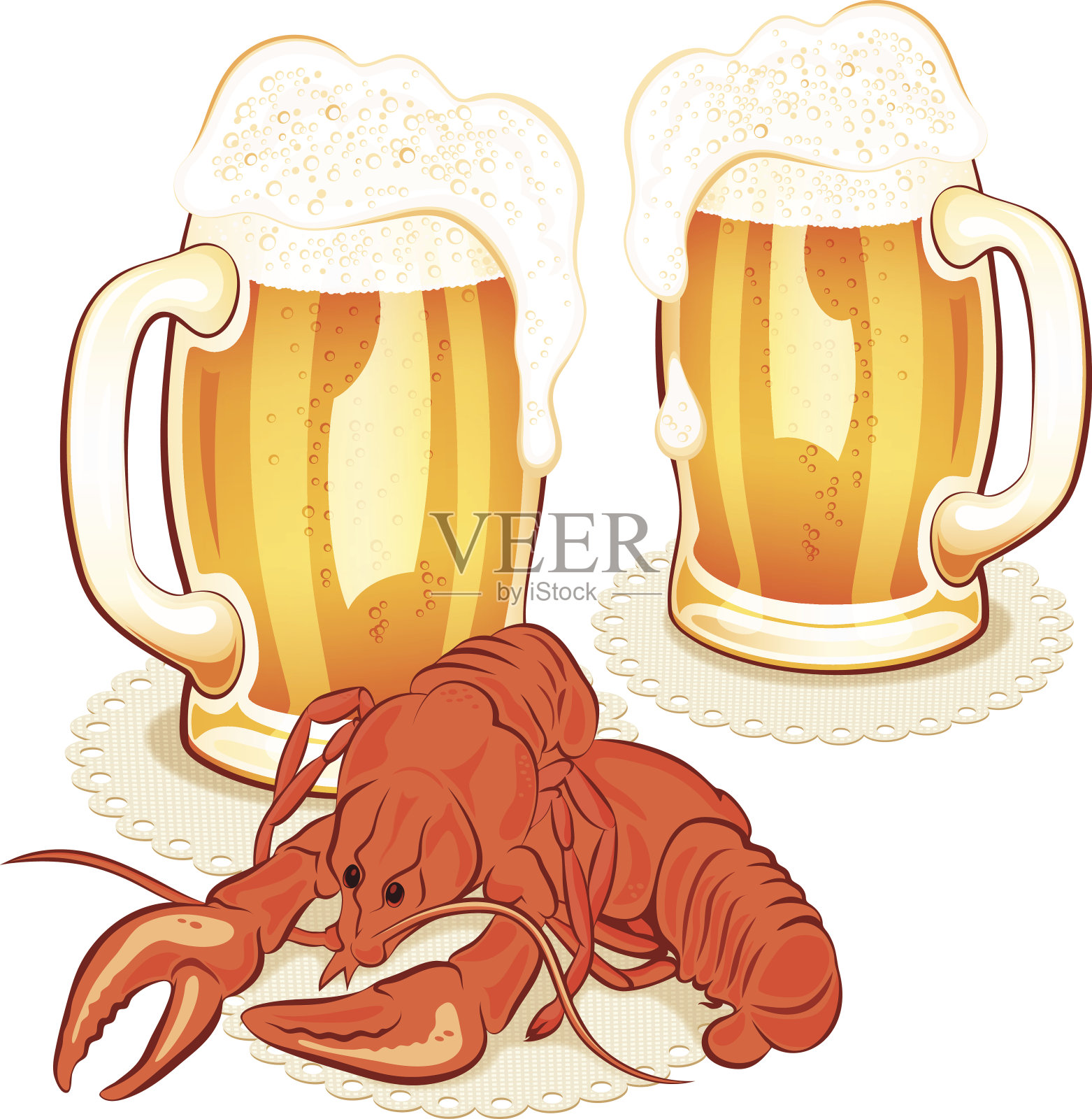 小龙虾，酒杯和啤酒插画图片素材
