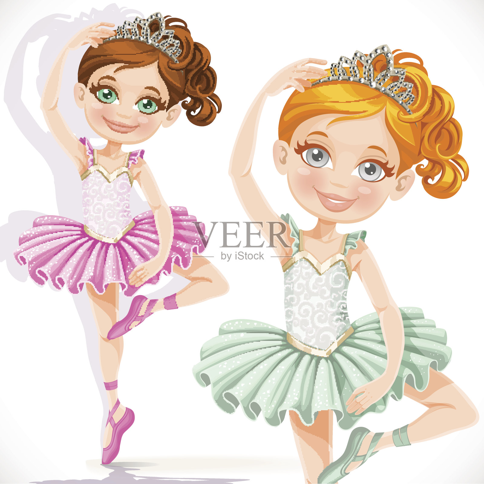 可爱的芭蕾舞女穿着粉色和绿色的芭蕾舞裙和头饰插画图片素材