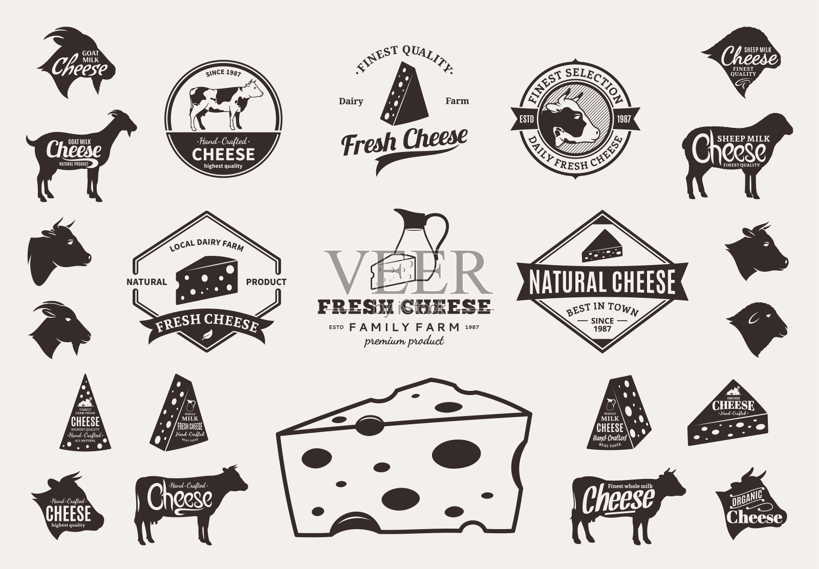 一组矢量奶酪标签，图标和设计元素插画图片素材