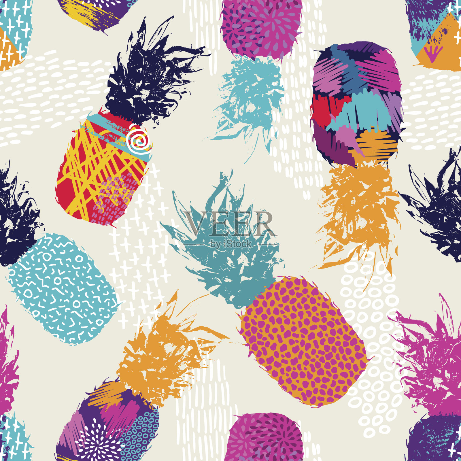 色彩复古菠萝无缝模式夏天插画图片素材