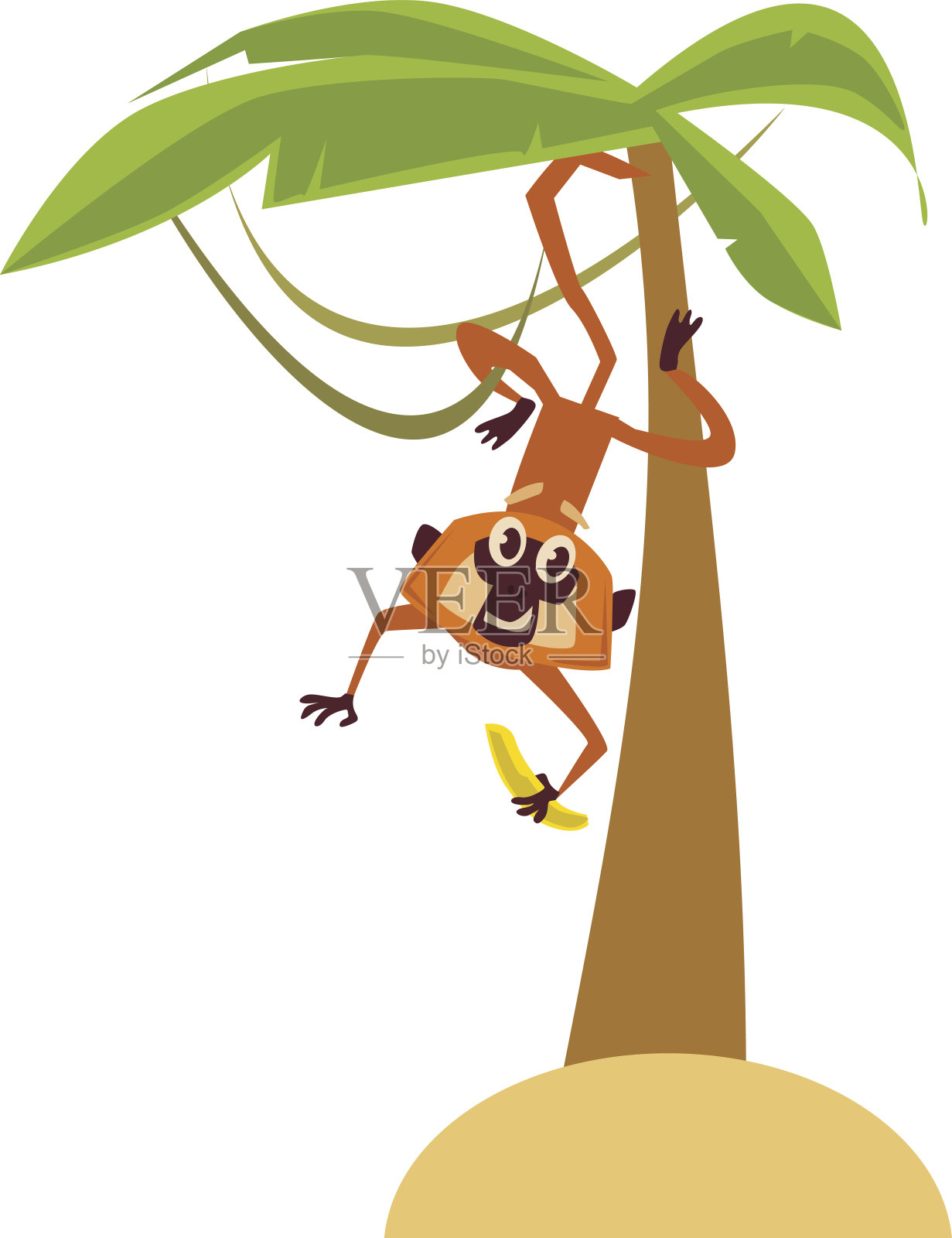 猴子坐在棕榈树上。矢量平面插图插画图片素材
