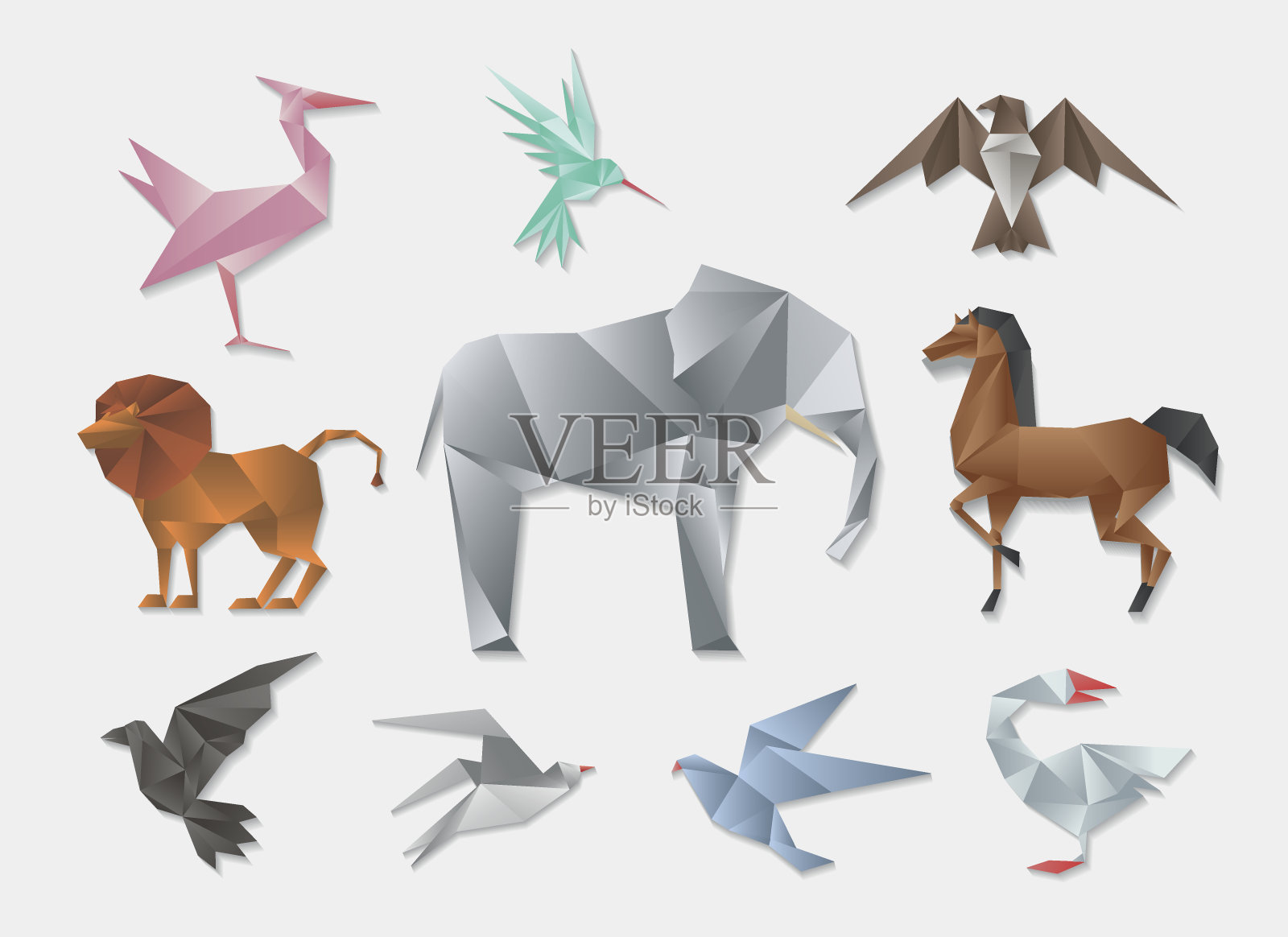 折纸动物。矢量3d纸日本动物集设计元素图片