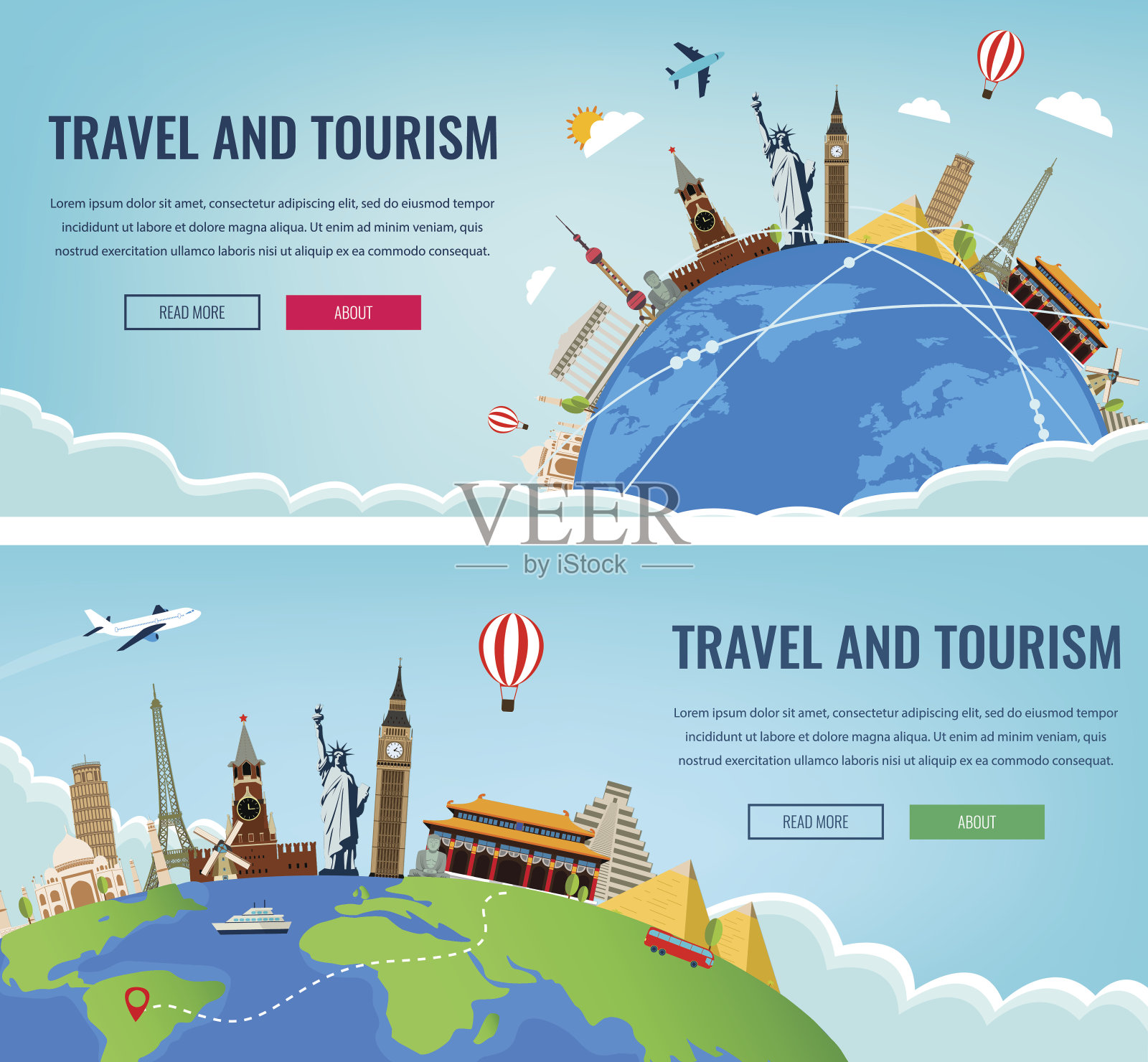 旅游作文与著名的世界地标。旅行和旅游。设计模板素材