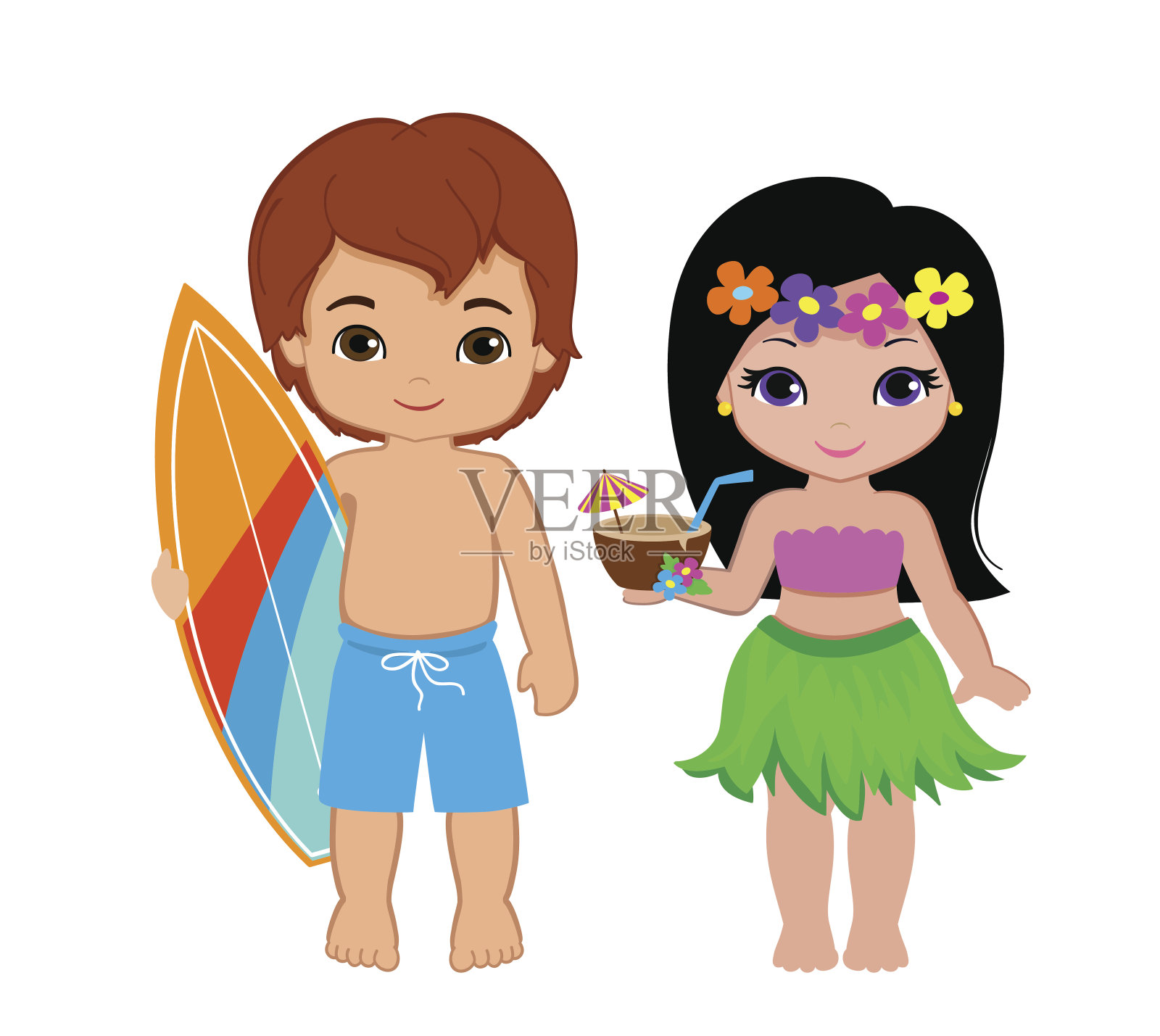 插图可爱的男孩与冲浪板和夏威夷女孩与鸡尾酒。设计元素图片