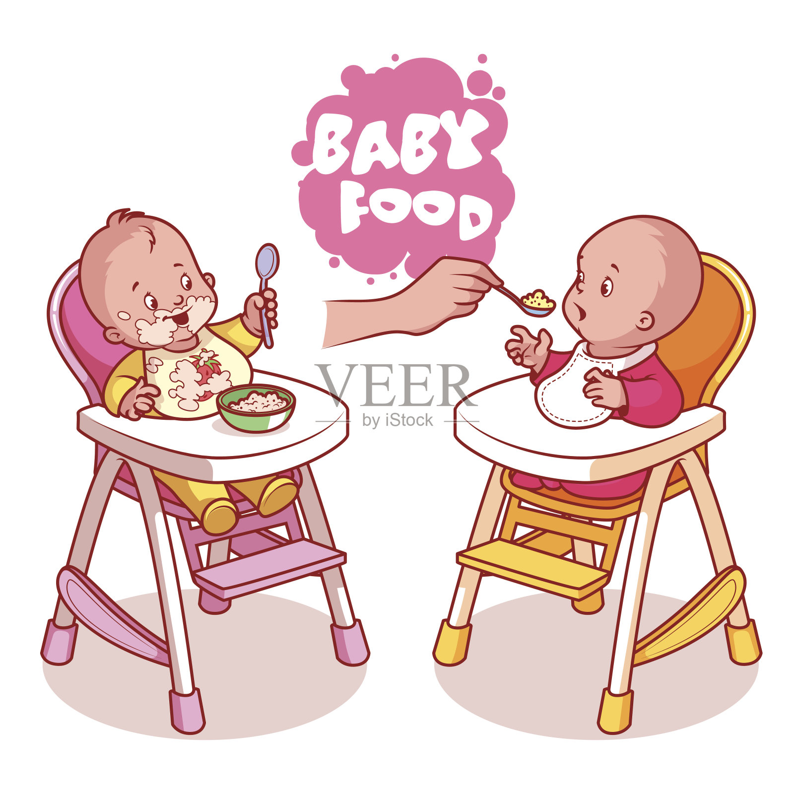 两个孩子坐在婴儿高脚椅里，手里拿着一盘粥。设计元素图片
