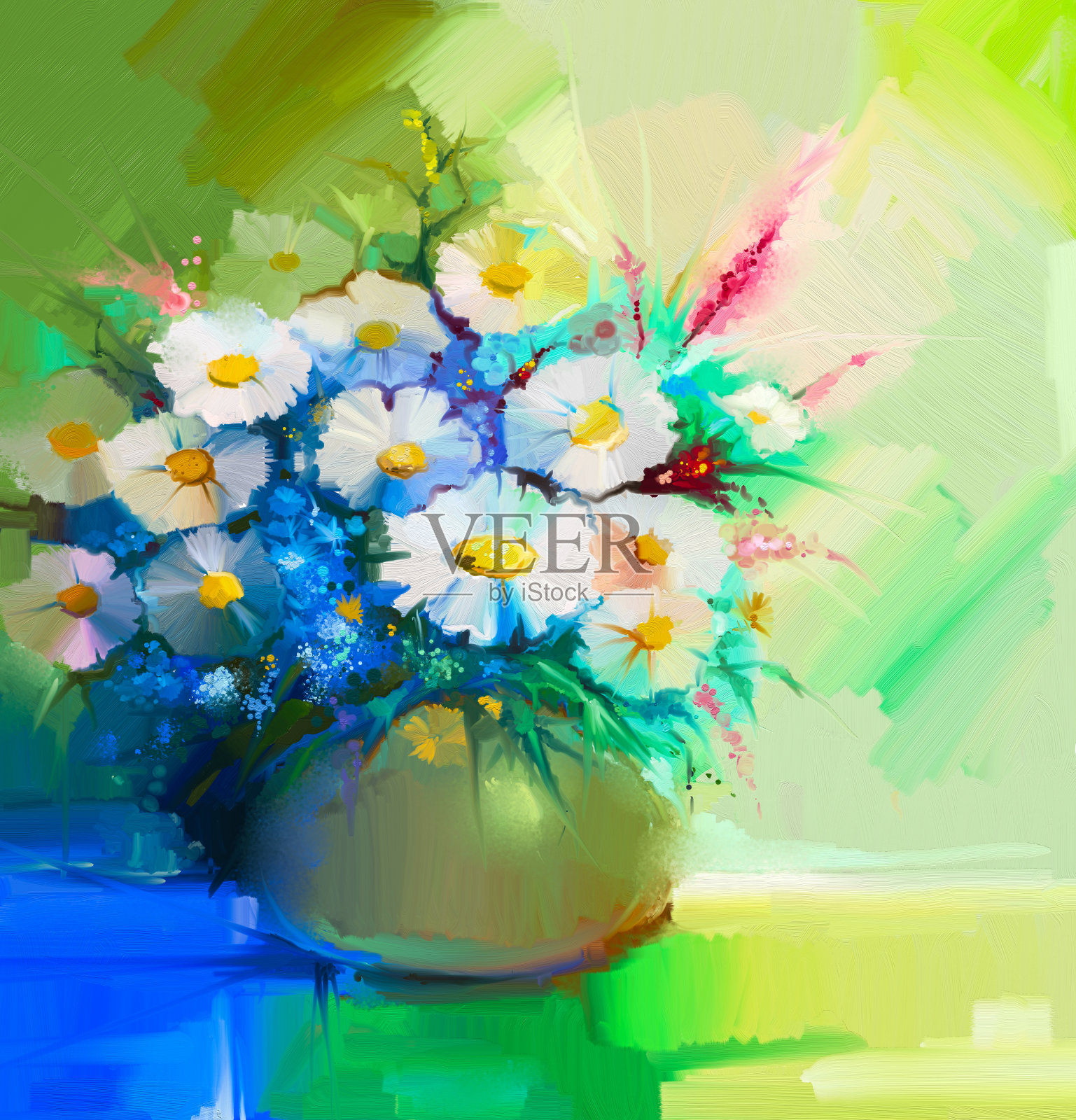 油画静物白色非洲菊，雏菊，丁香花，野花插画图片素材