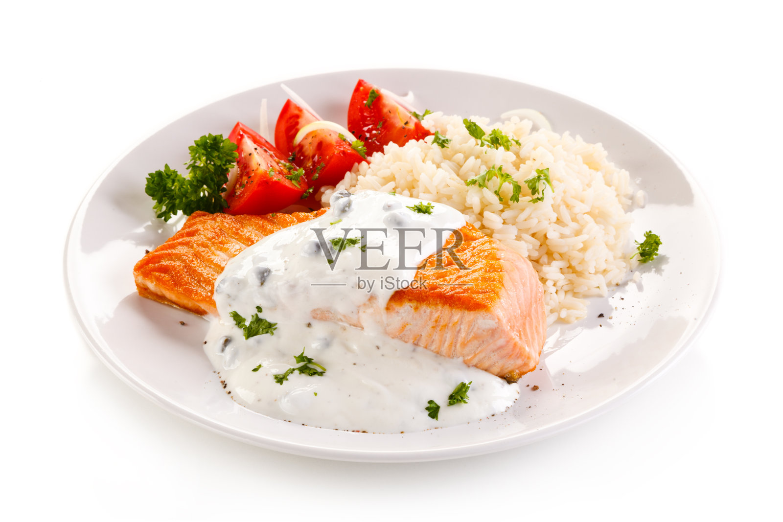 烤鲑鱼，白米饭和蔬菜照片摄影图片