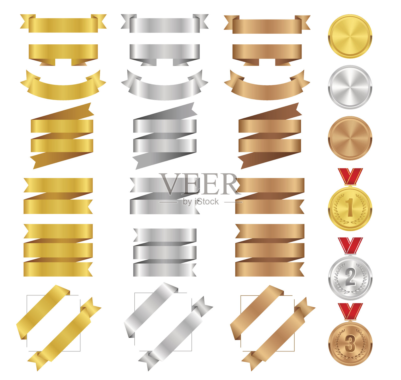 一套青铜，金，银缎带和矢量奖章。插画图片素材