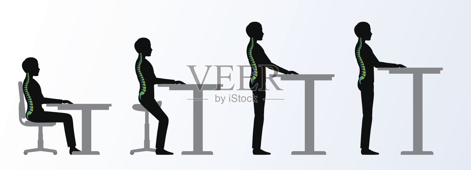 人体工程学。高度可调的桌子或桌子姿势插画图片素材