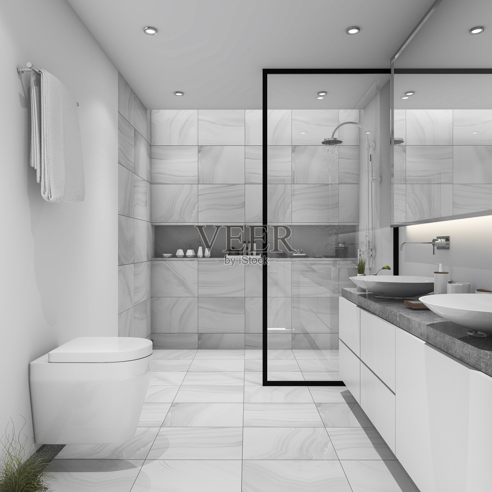 3d渲染白色瓷砖现代浴室照片摄影图片