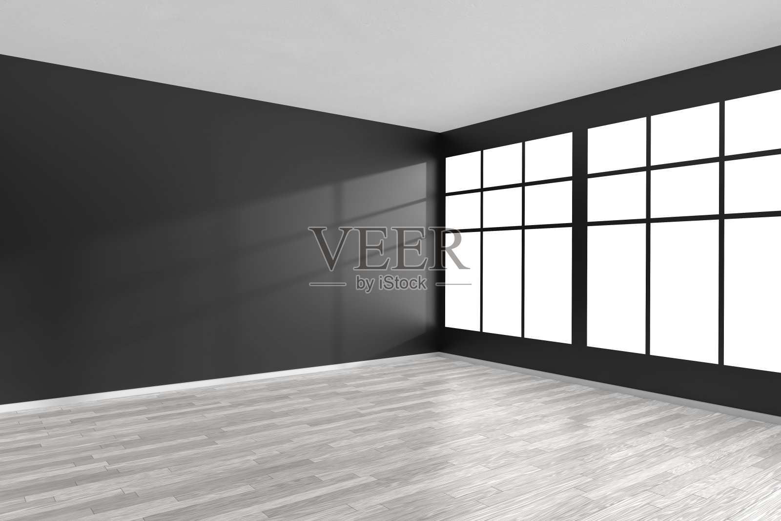 黑色墙壁，白色拼花地板和窗户的空房间照片摄影图片