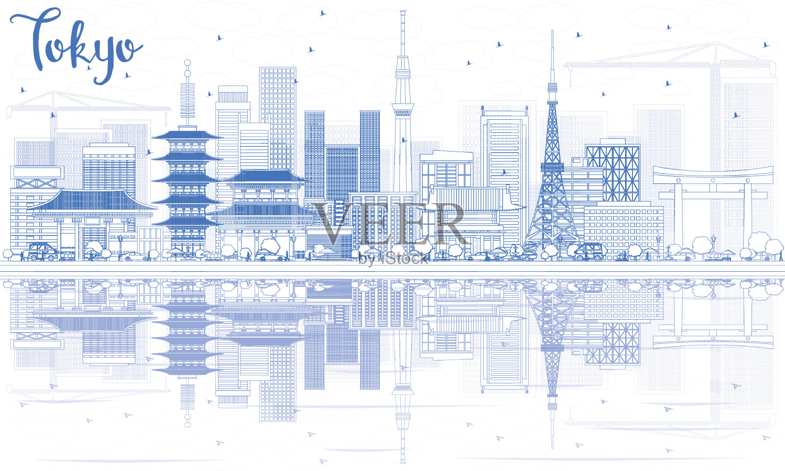 用蓝色建筑和倒影勾勒出东京的天际线设计元素图片