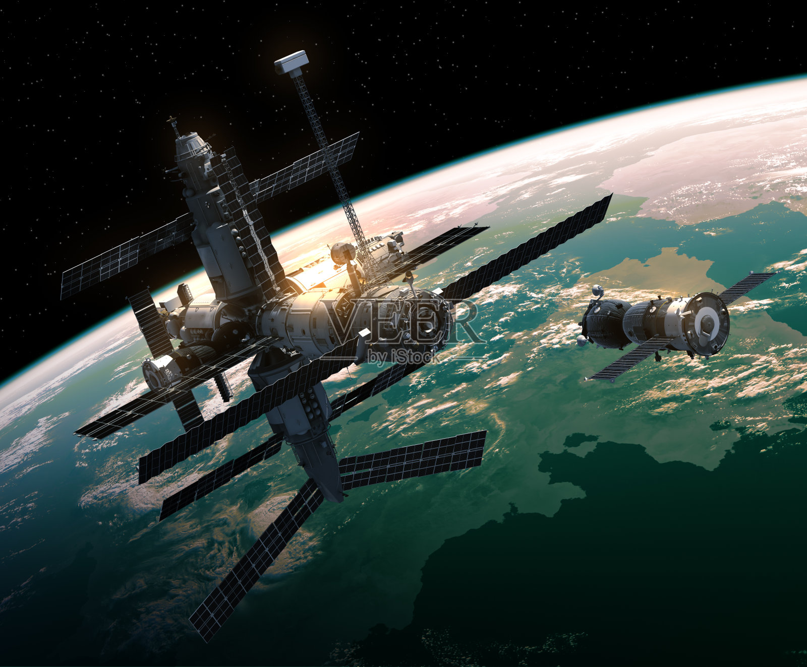 宇宙飞船正准备与空间站对接插画图片素材