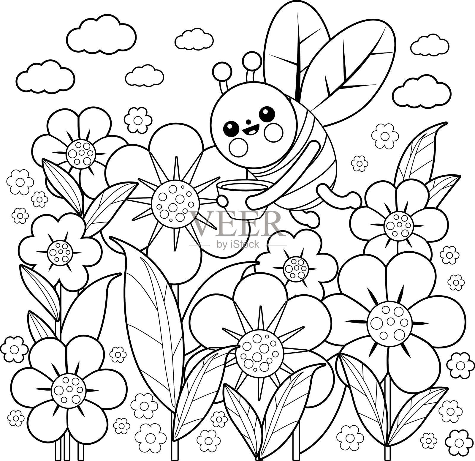 蜜蜂和花。彩色书页面插画图片素材
