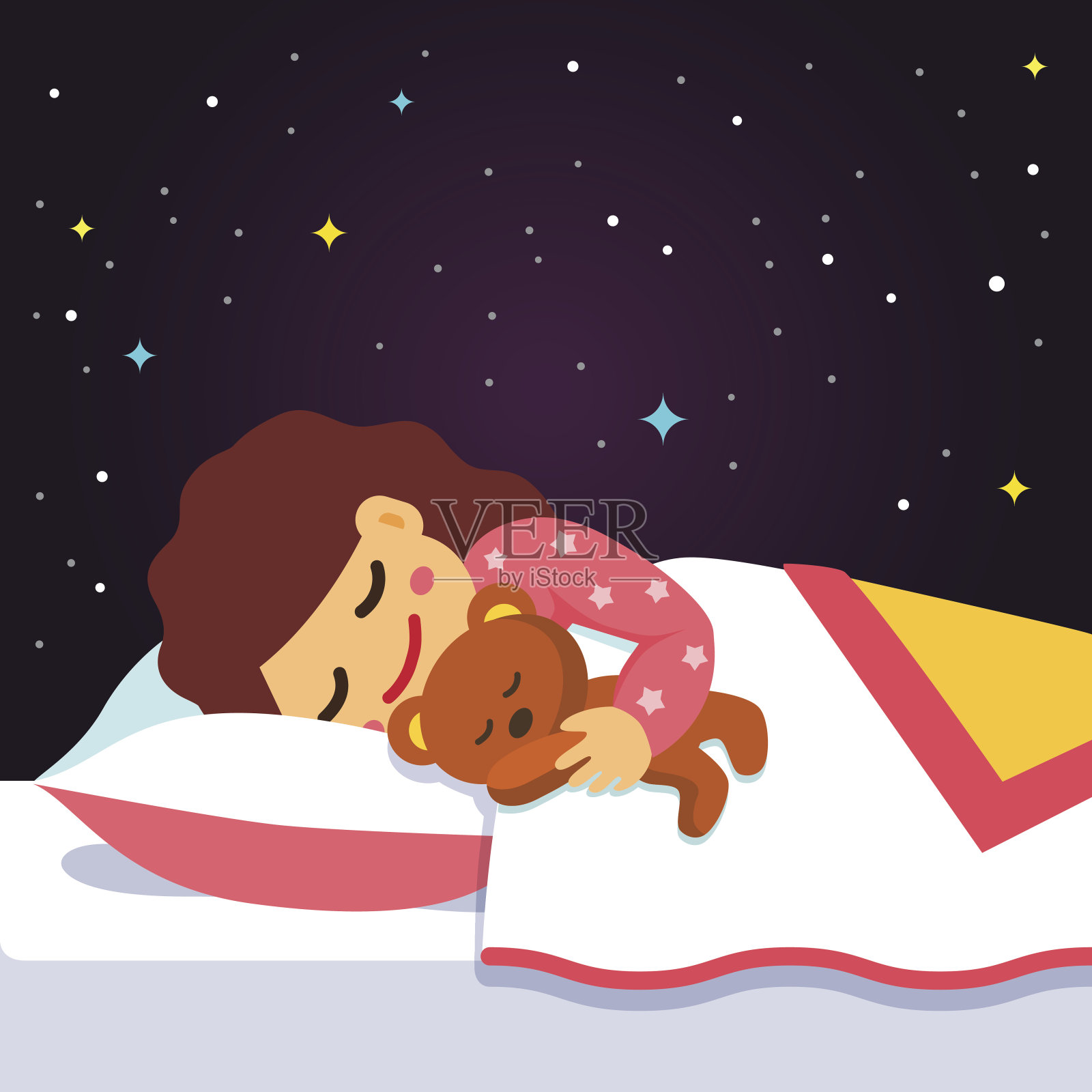 可爱的睡觉和做梦的女孩和泰迪熊插画图片素材