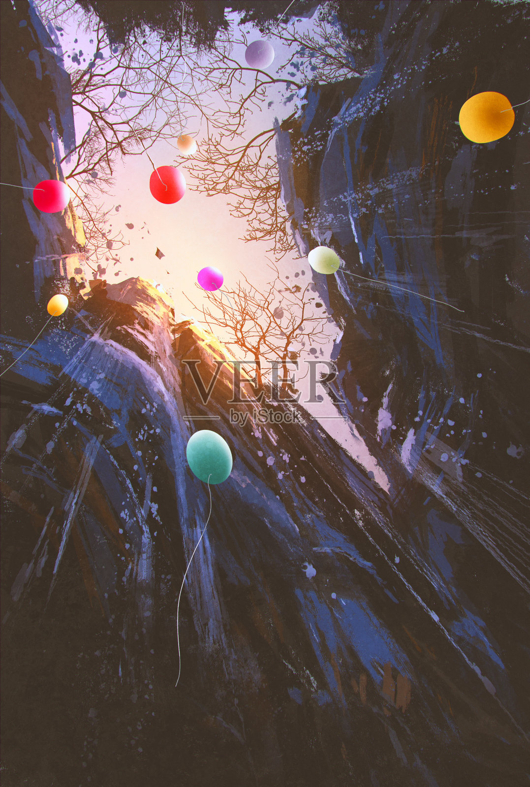 彩色的气球飘向天空，周围是悬崖峭壁插画图片素材