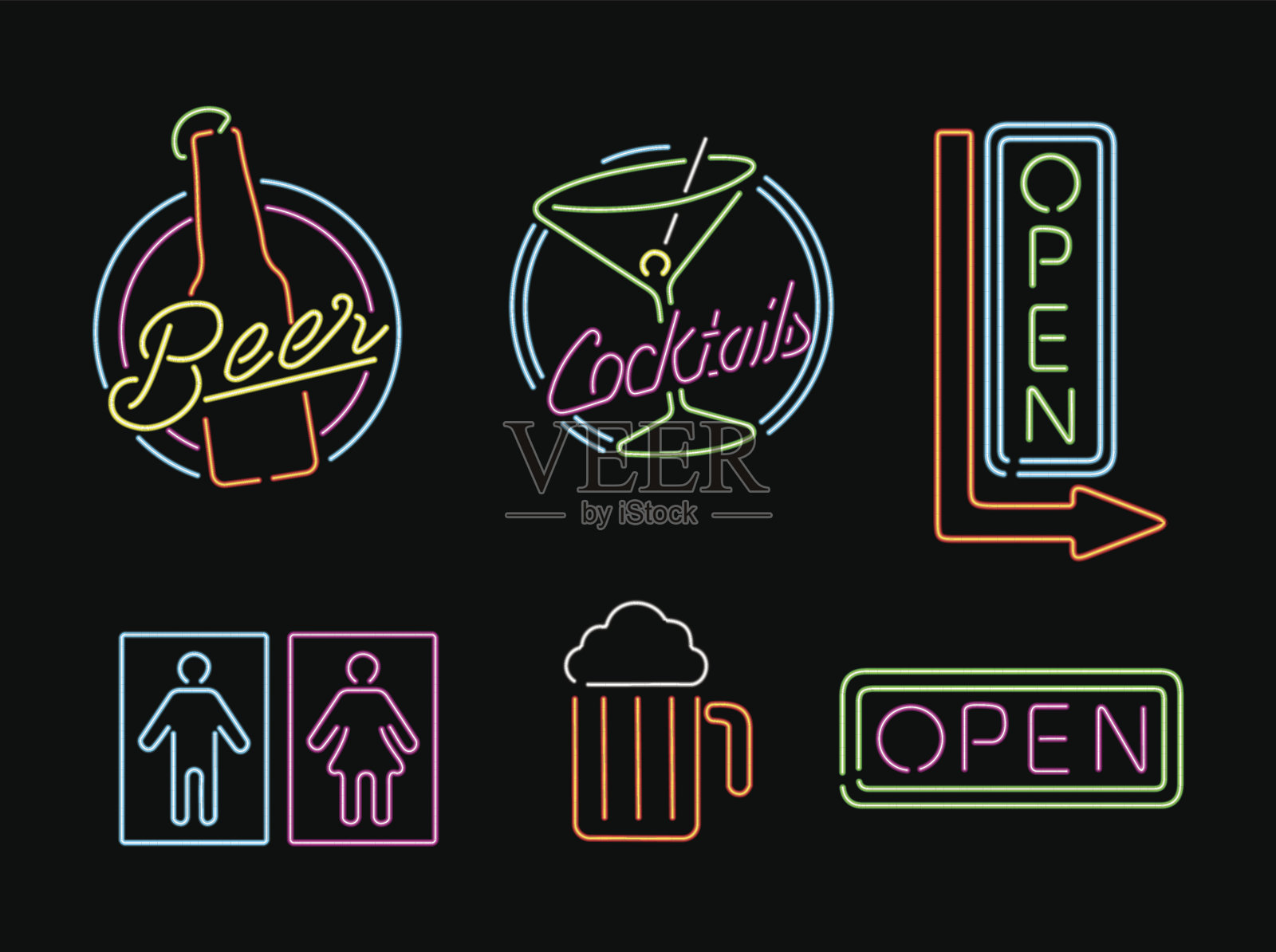 霓虹灯标志设置图标复古酒吧啤酒开标签插画图片素材