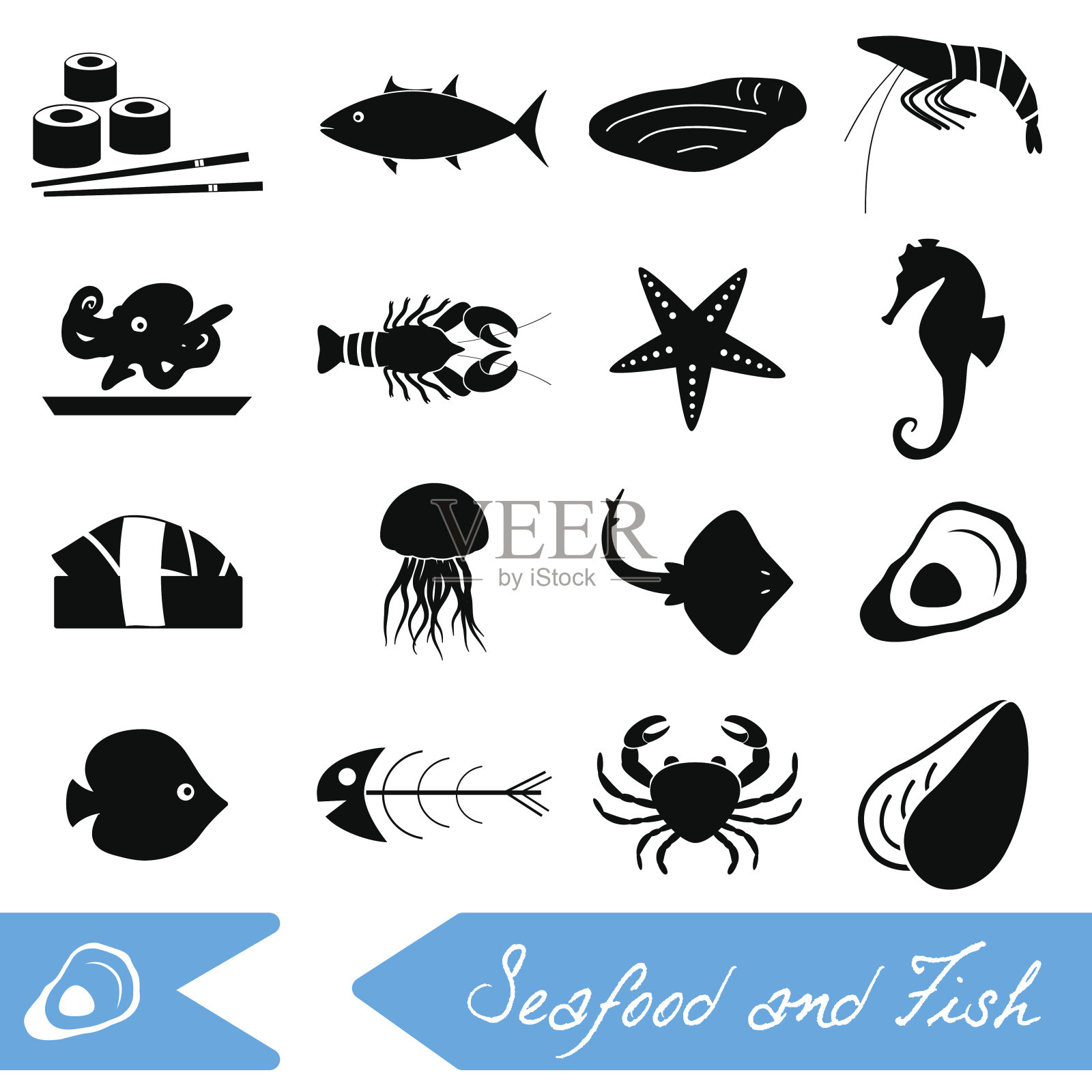 海鲜和鱼食物主题集简单图标eps10图标素材