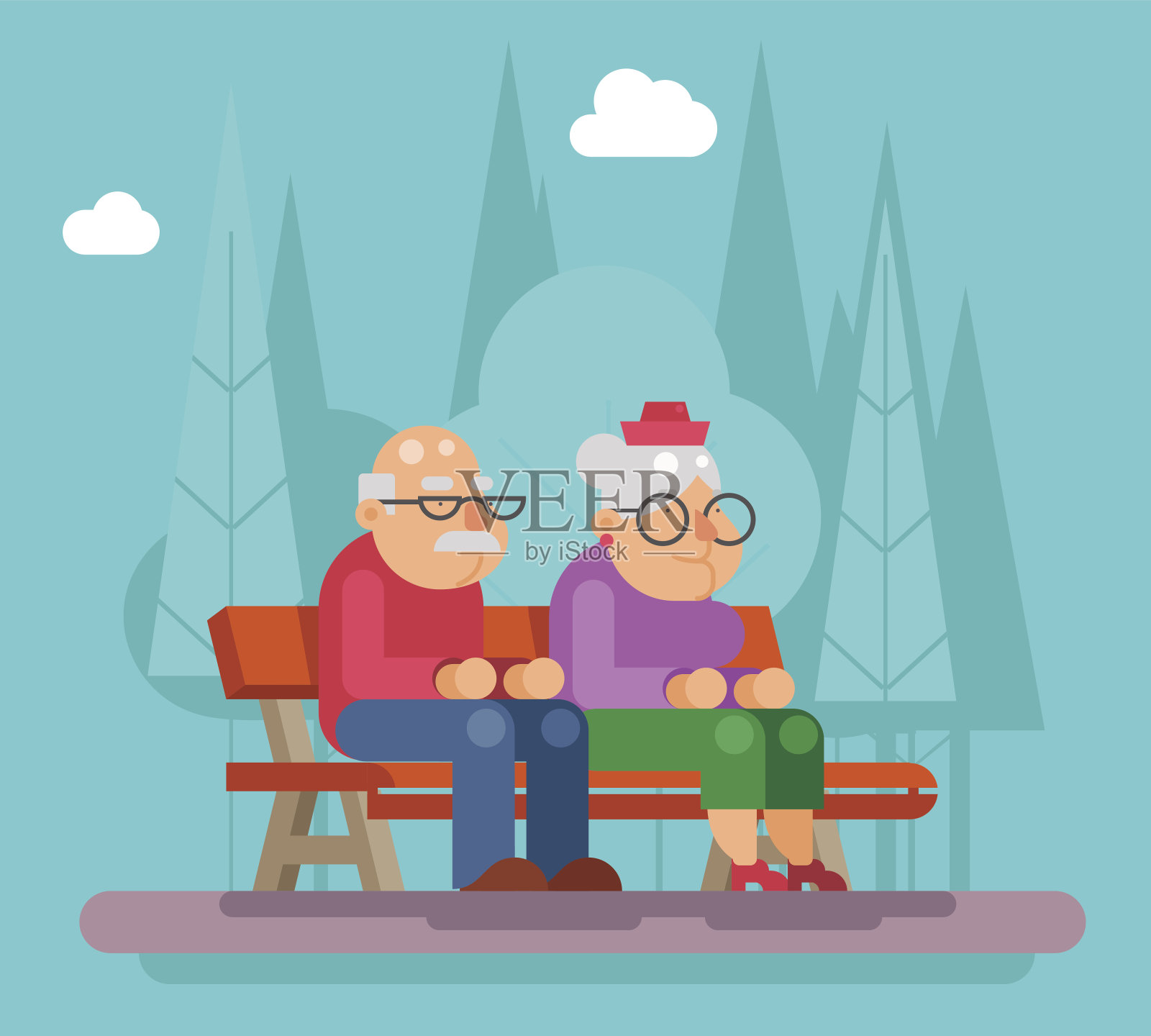 一对老夫妇坐在公园的长椅上插画图片素材