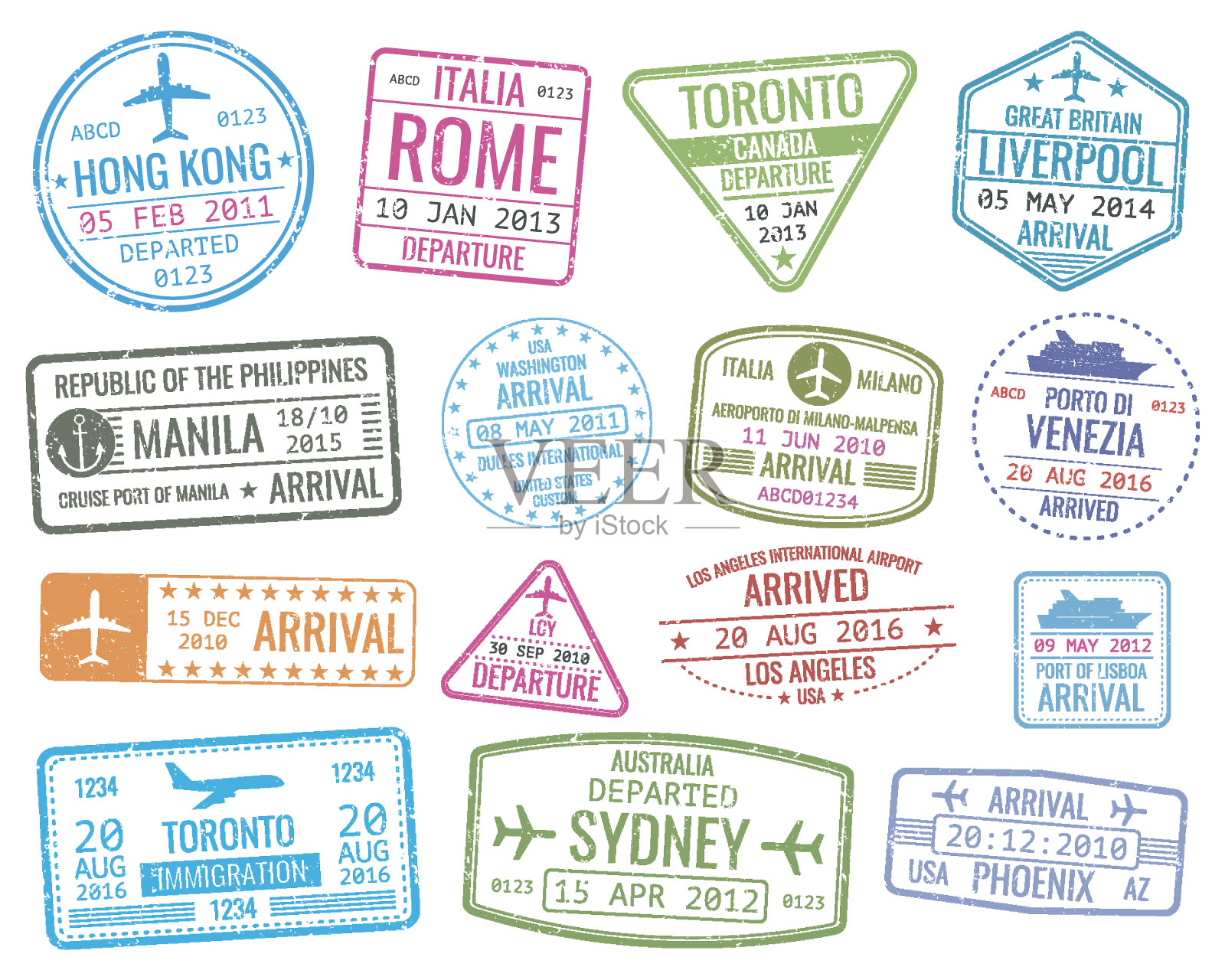 国际商务旅行签证签章矢量入境签章集插画图片素材