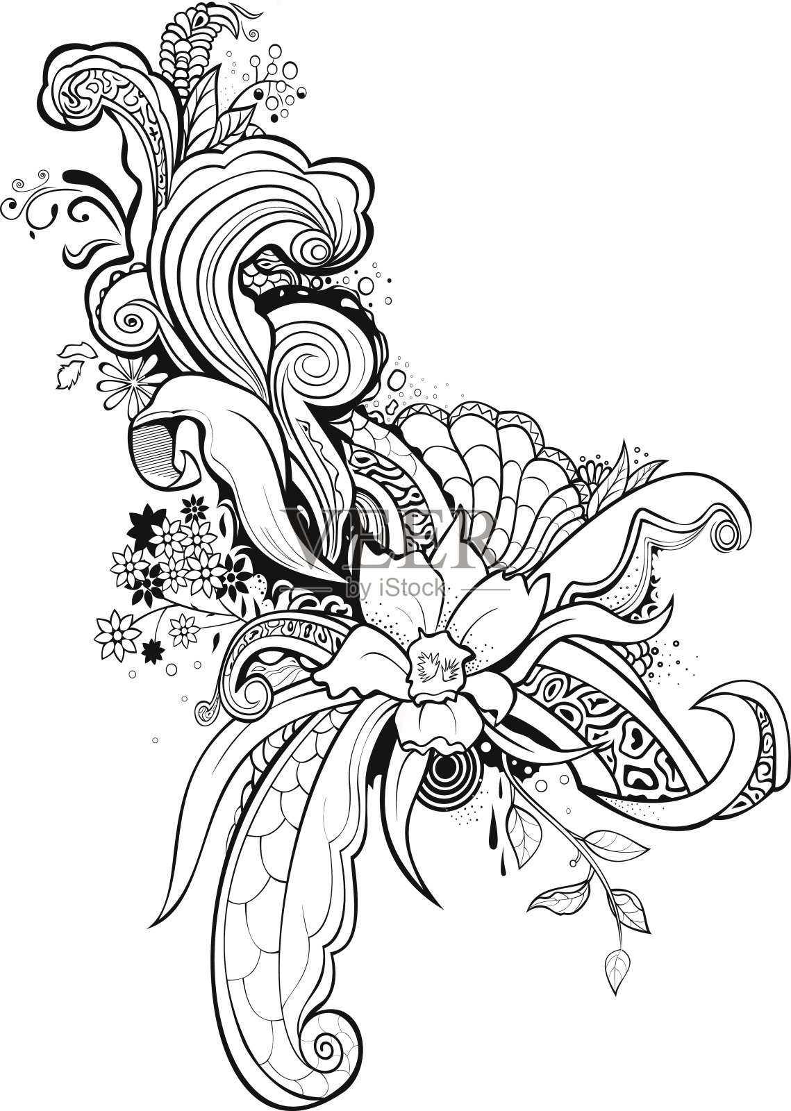 黑白卷轴形式与花设计元素图片