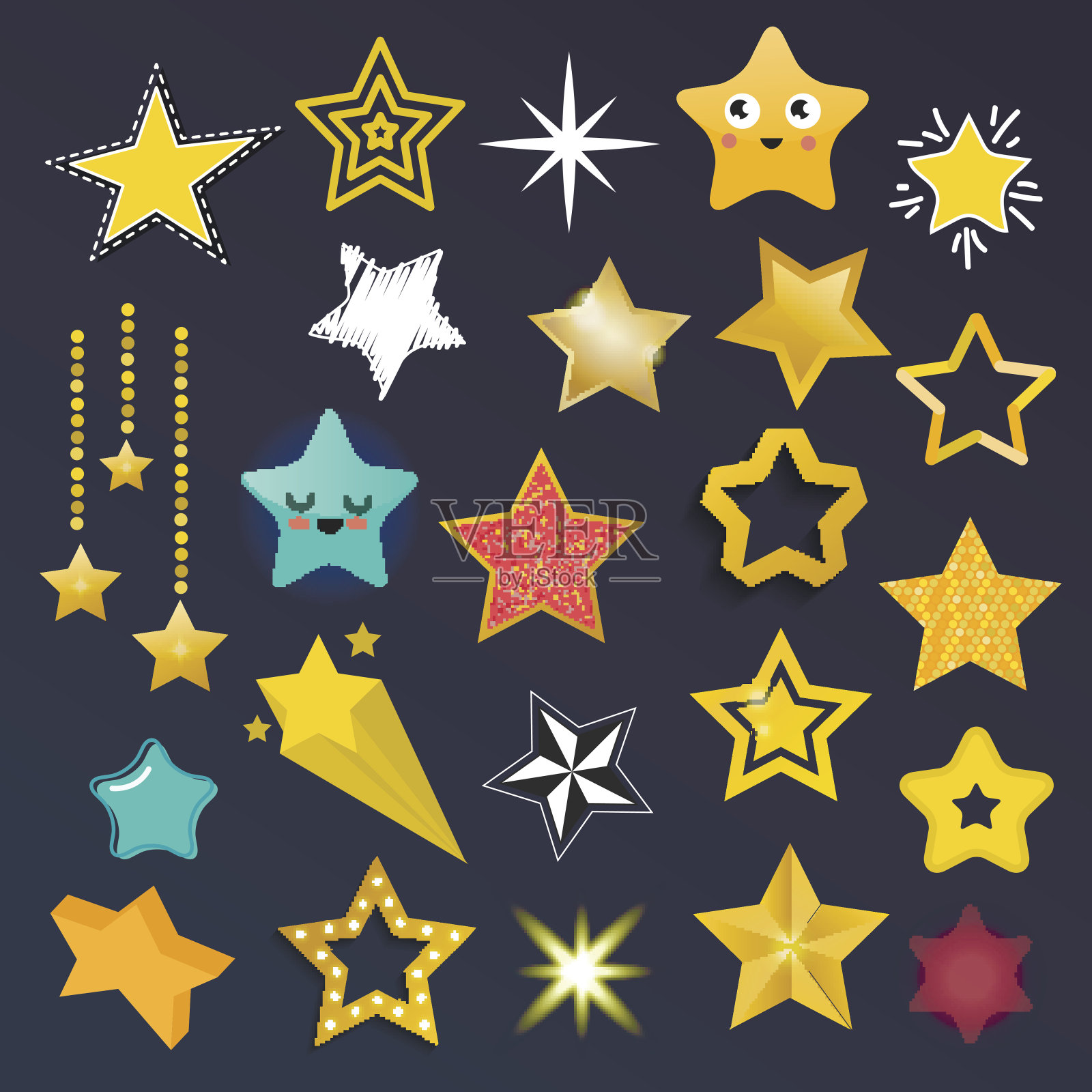 一套闪亮的明星图标在不同的风格插画图片素材