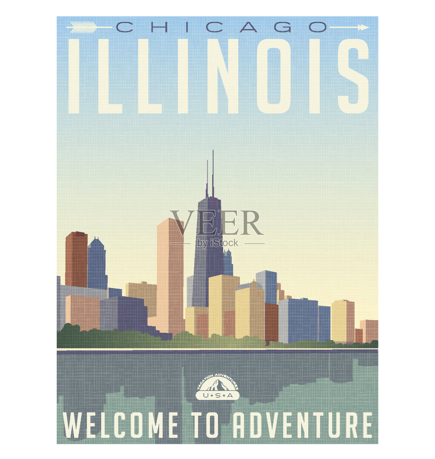 芝加哥伊利诺斯州的复古风格的旅行海报或行李贴纸设计模板素材
