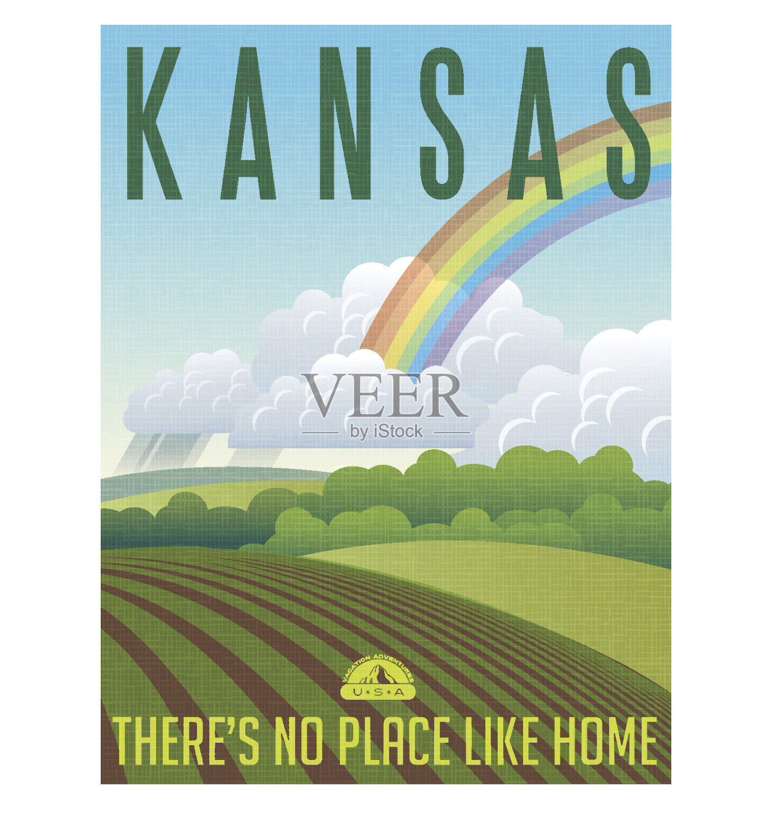 堪萨斯州的旅游海报。矢量插图农场与龙卷风，风暴和彩虹。设计模板素材
