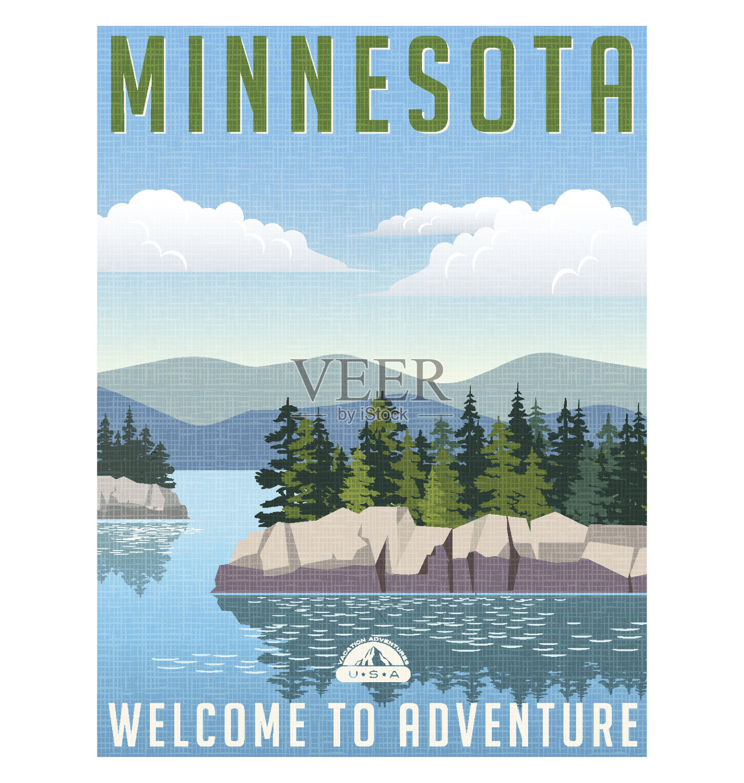 复古风格的旅行海报或贴纸。美国明尼苏达州风景秀丽的湖泊设计模板素材