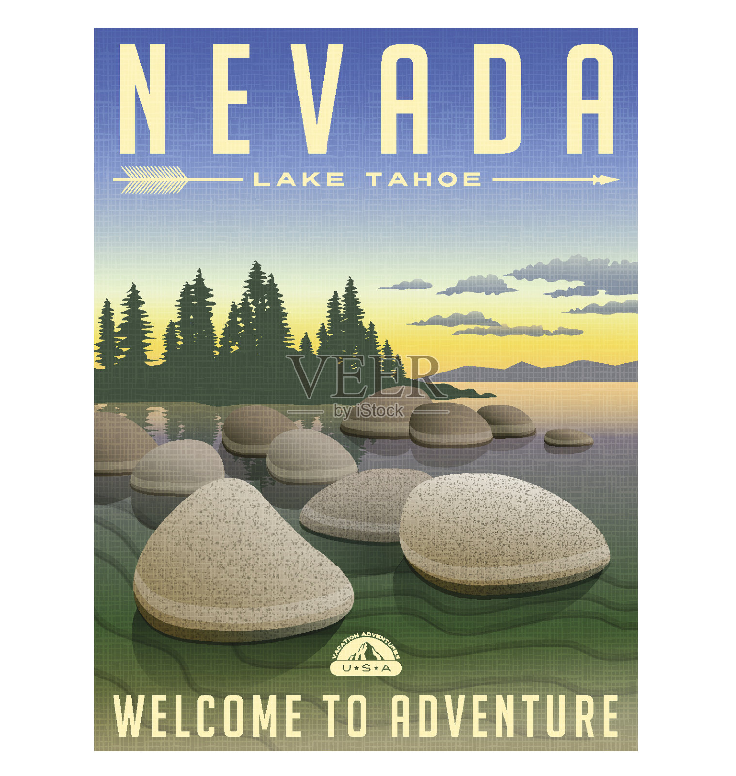 内华达州，太浩湖美国复古旅行海报或行李标签矢量插图设计模板素材