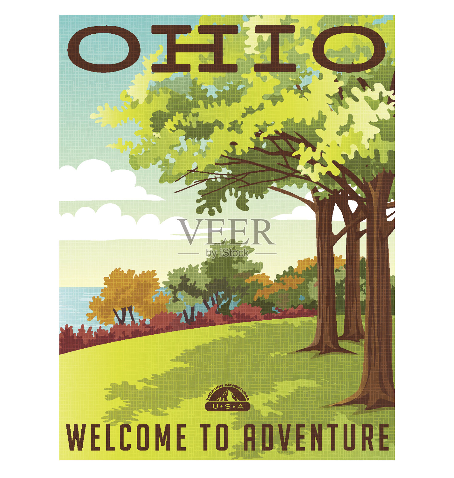 俄亥俄州旅游海报或贴纸。俯瞰伊利湖的公园矢量图。设计模板素材