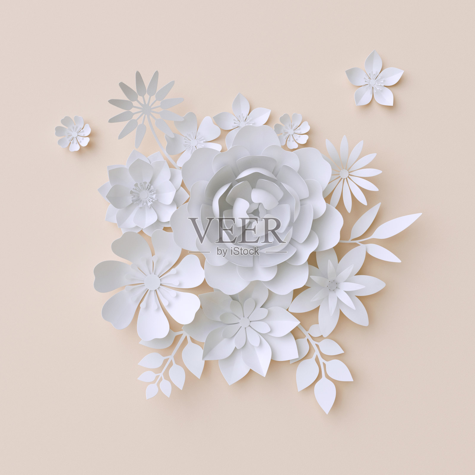 3d插图，白色纸花，粉彩装饰花卉背景插画图片素材