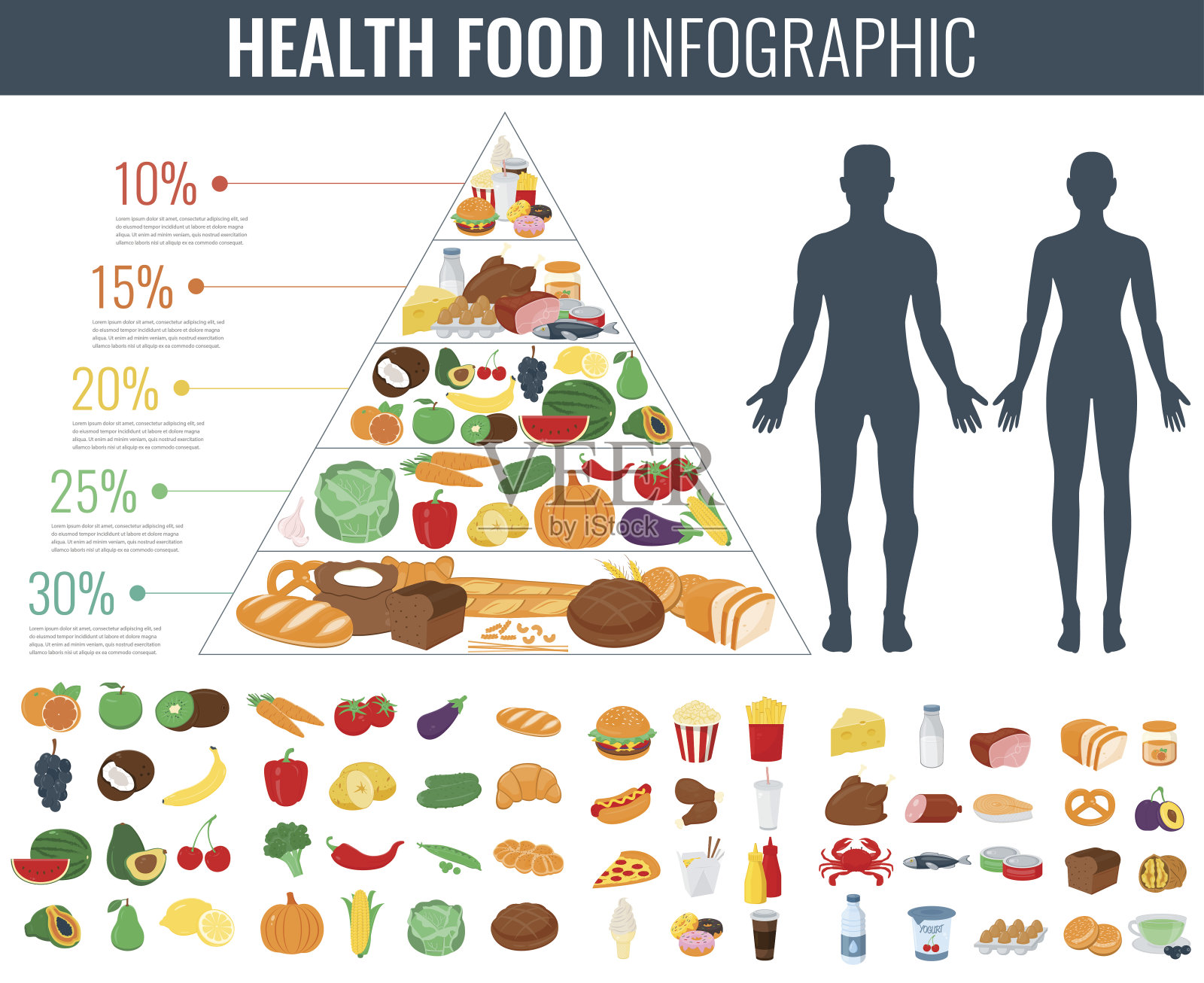 健康食品信息。食物金字塔。健康饮食的概念。向量插画图片素材