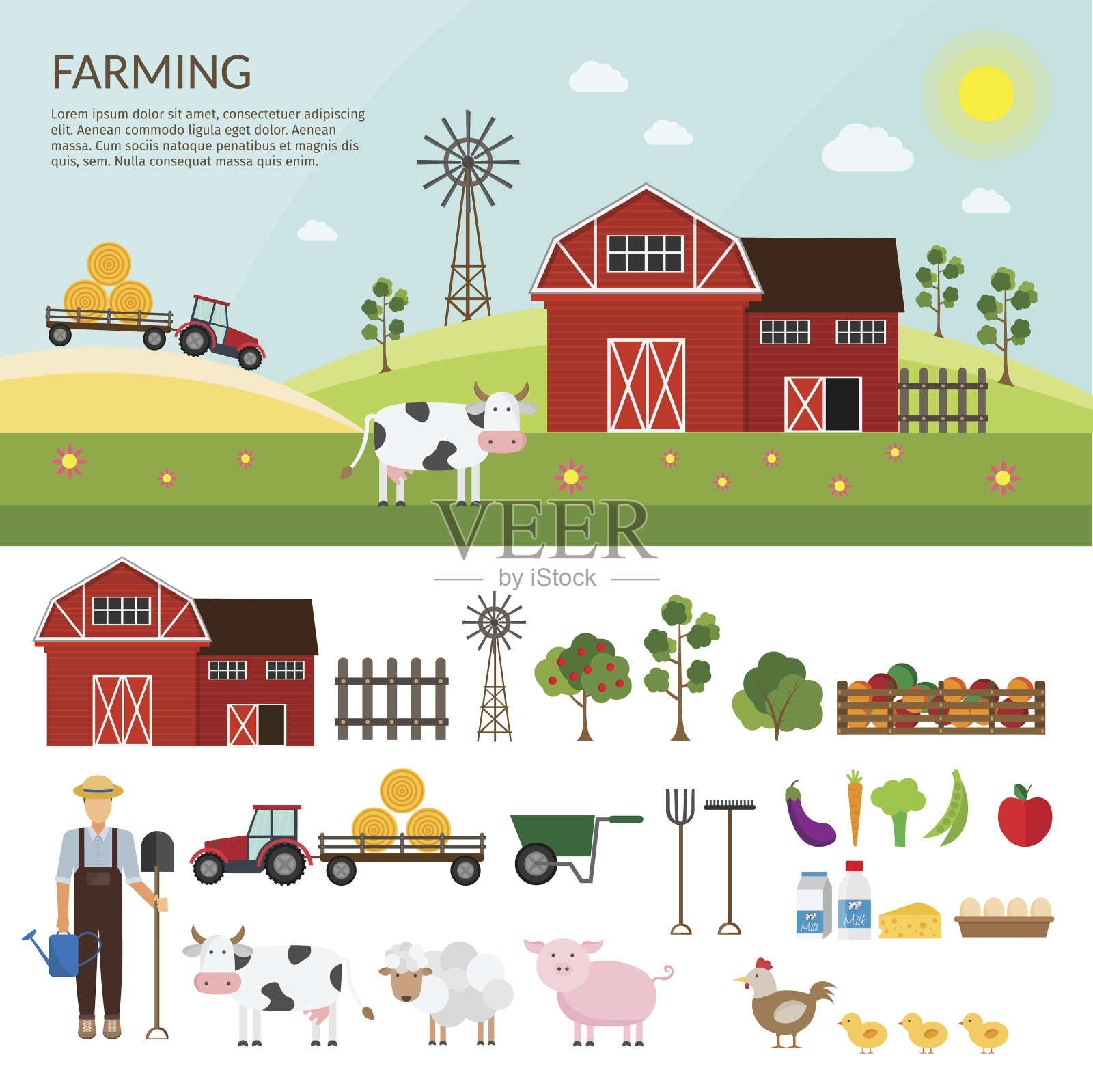 大型矢量农场元素和动物背景集。插画图片素材